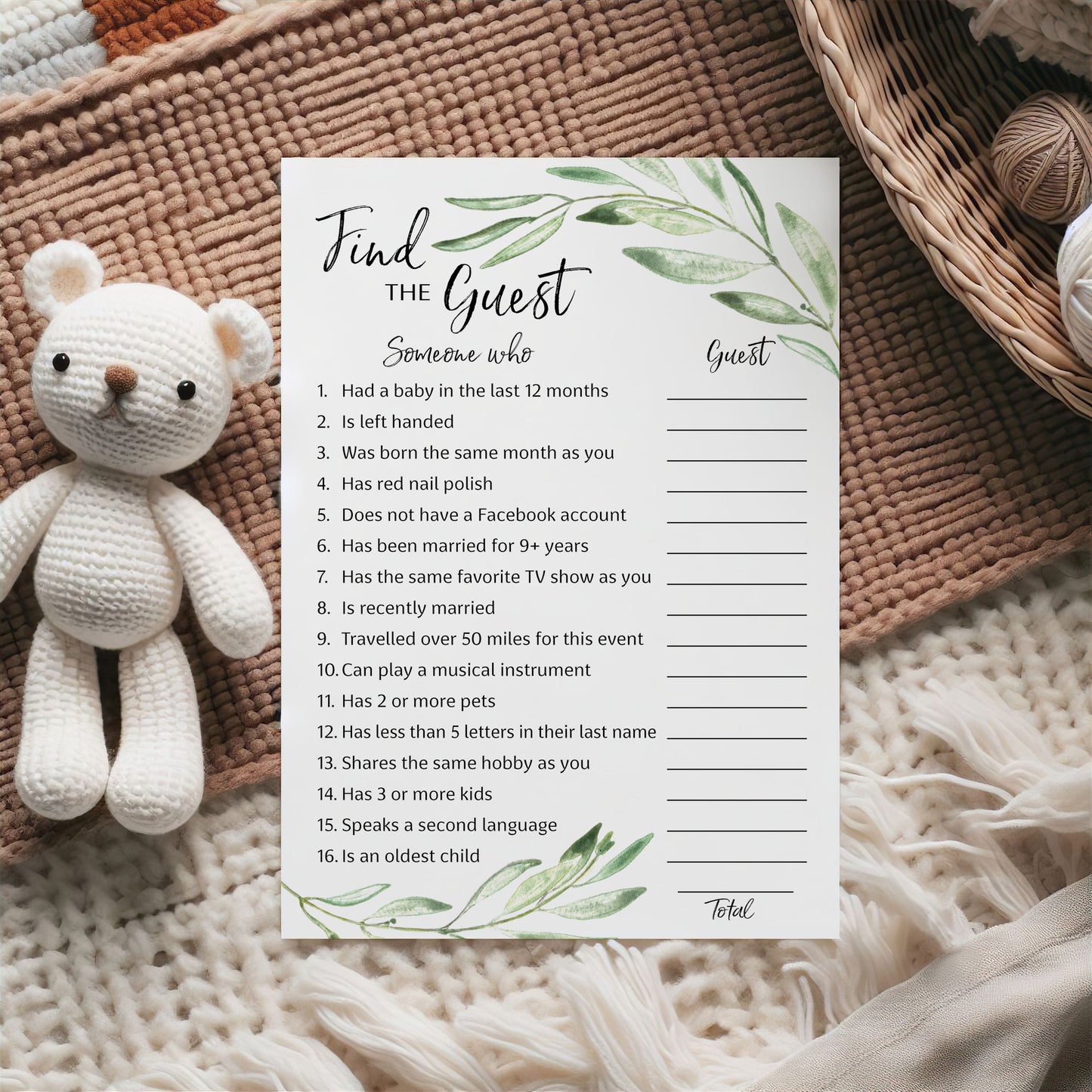 Greenery Theme FIND THE GUEST Baby Shower Game — Pack of 25 — Printed