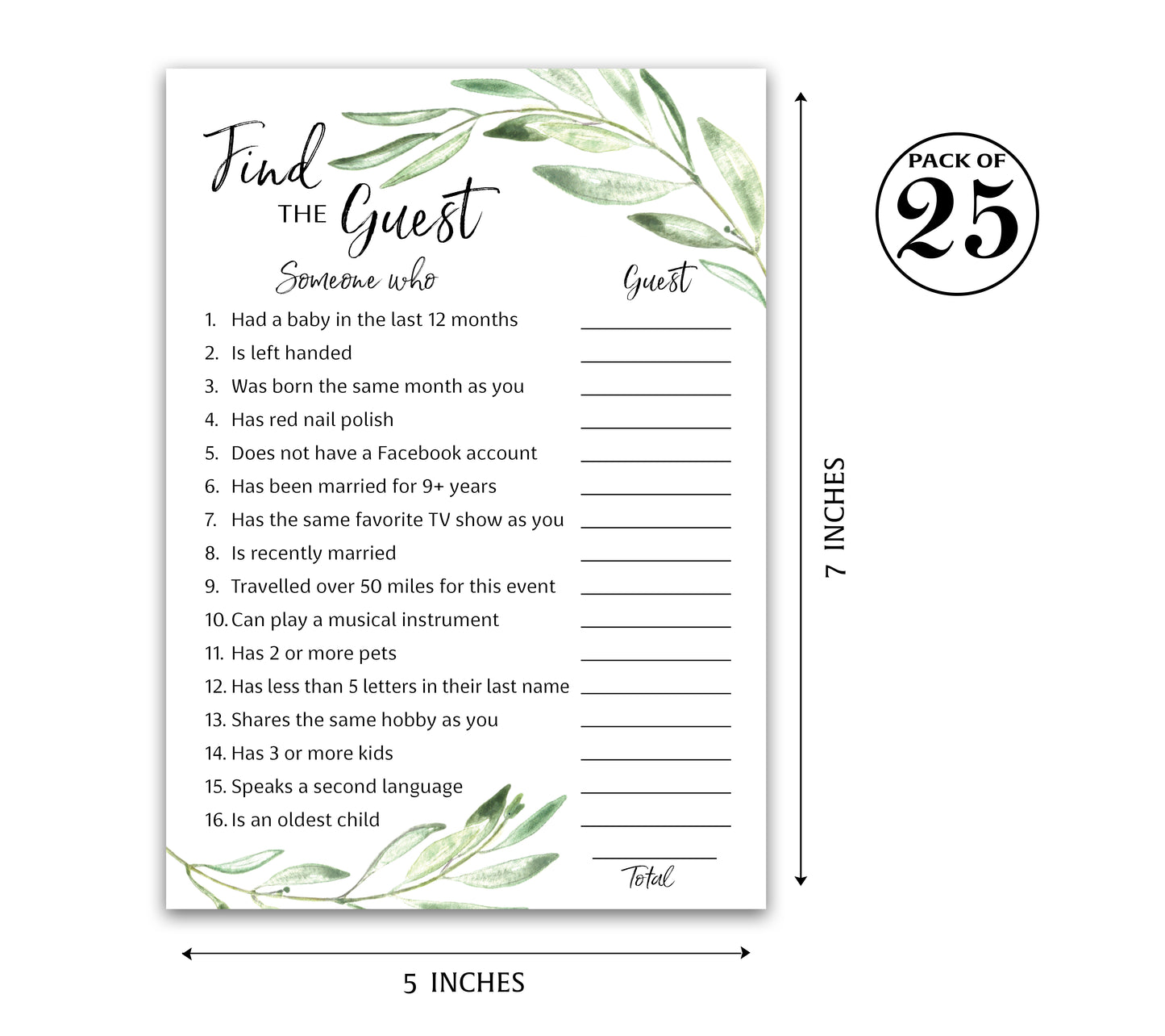 Greenery Theme FIND THE GUEST Baby Shower Game — Pack of 25 — Printed