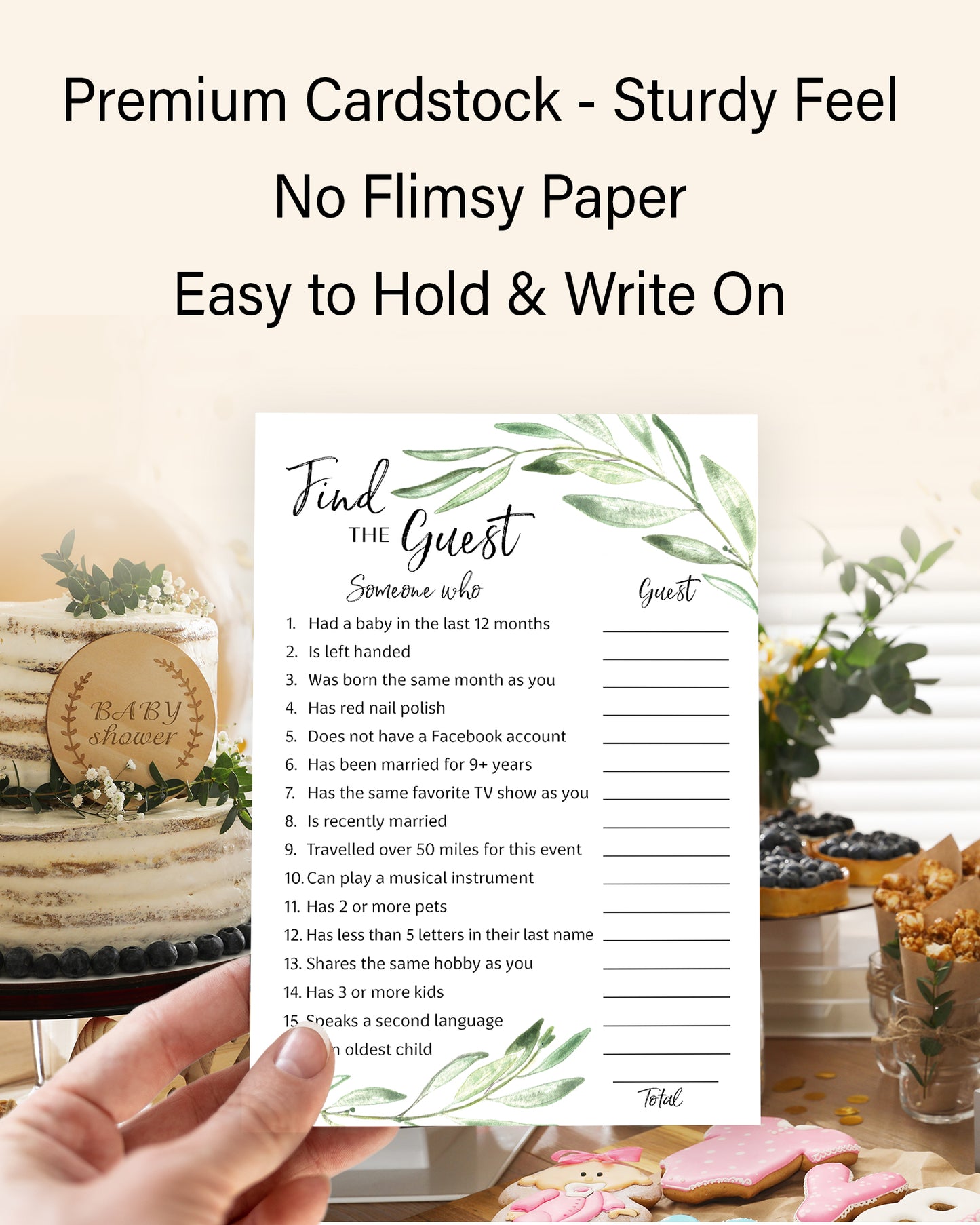 Greenery Theme FIND THE GUEST Baby Shower Game — Pack of 25 — Printed