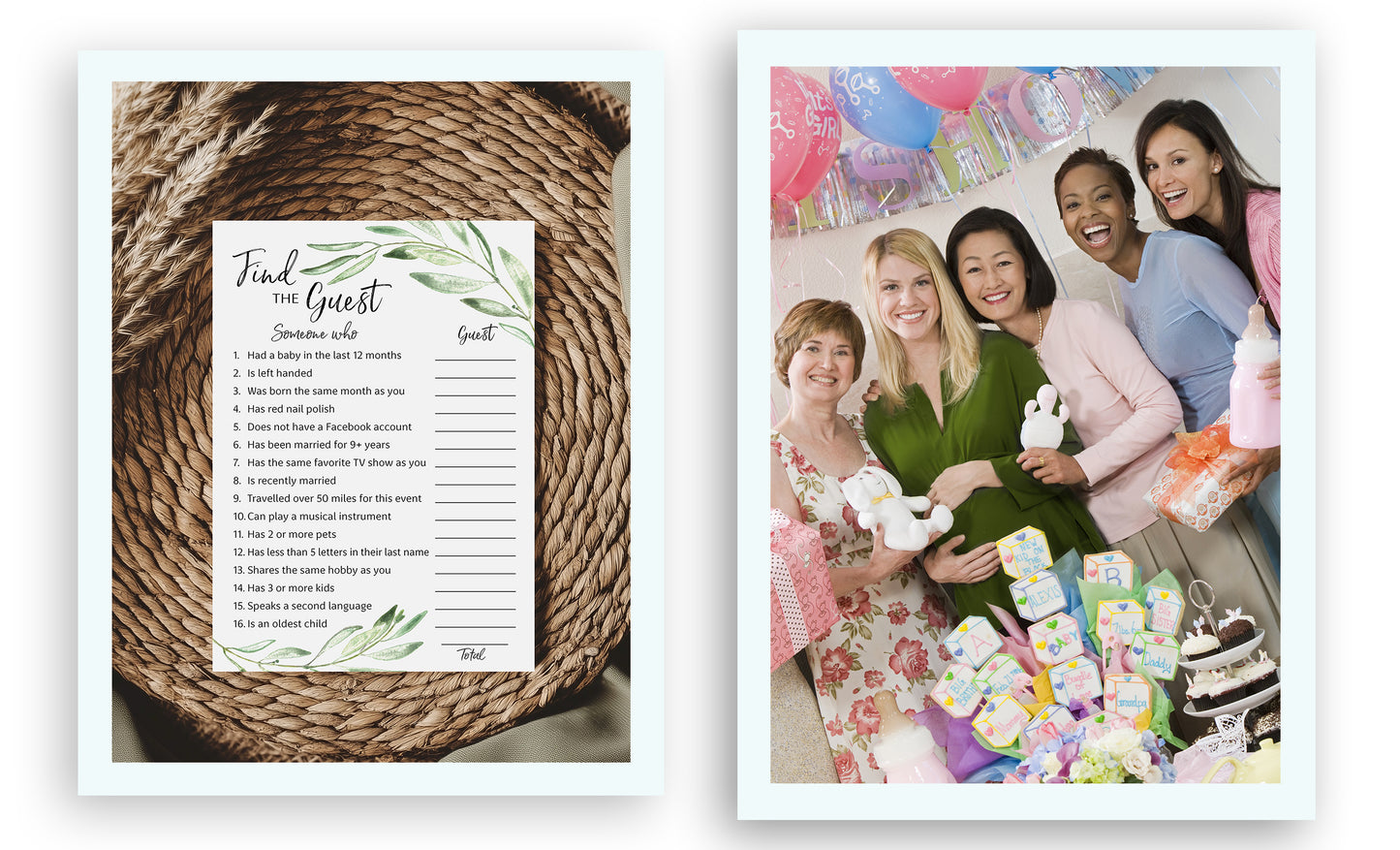 Greenery Theme FIND THE GUEST Baby Shower Game — Pack of 25 — Printed