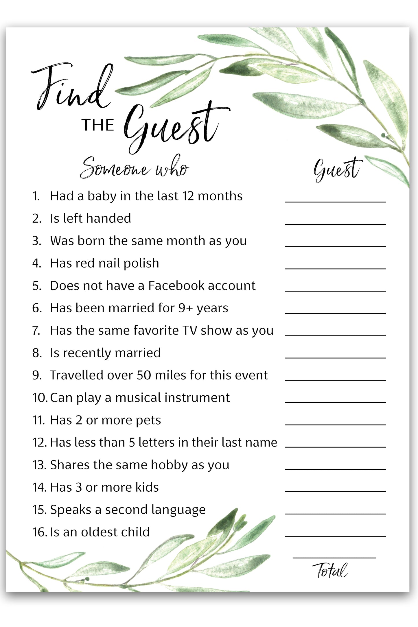 Greenery Theme FIND THE GUEST Baby Shower Game — Pack of 25 — Printed