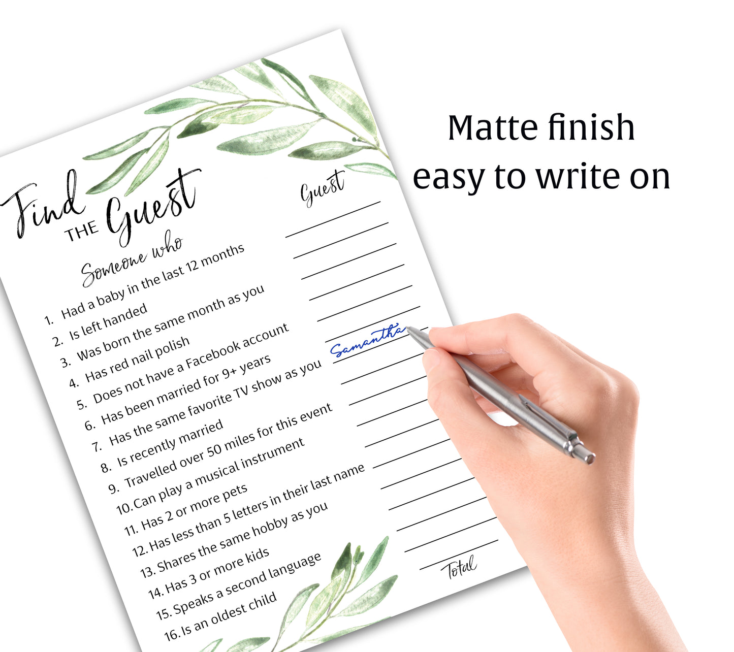 Greenery Theme FIND THE GUEST Baby Shower Game — Pack of 25 — Printed