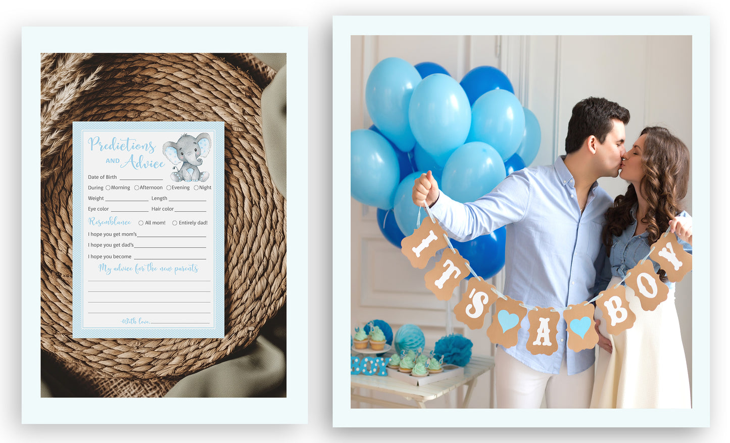 Blue Elephant Baby Shower Game - Predictions & Advice Cards • SET of 25