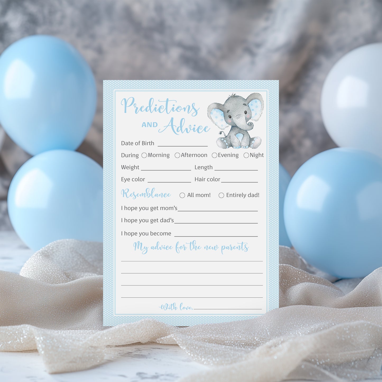 Blue Elephant Baby Shower Game - Predictions & Advice Cards • SET of 25