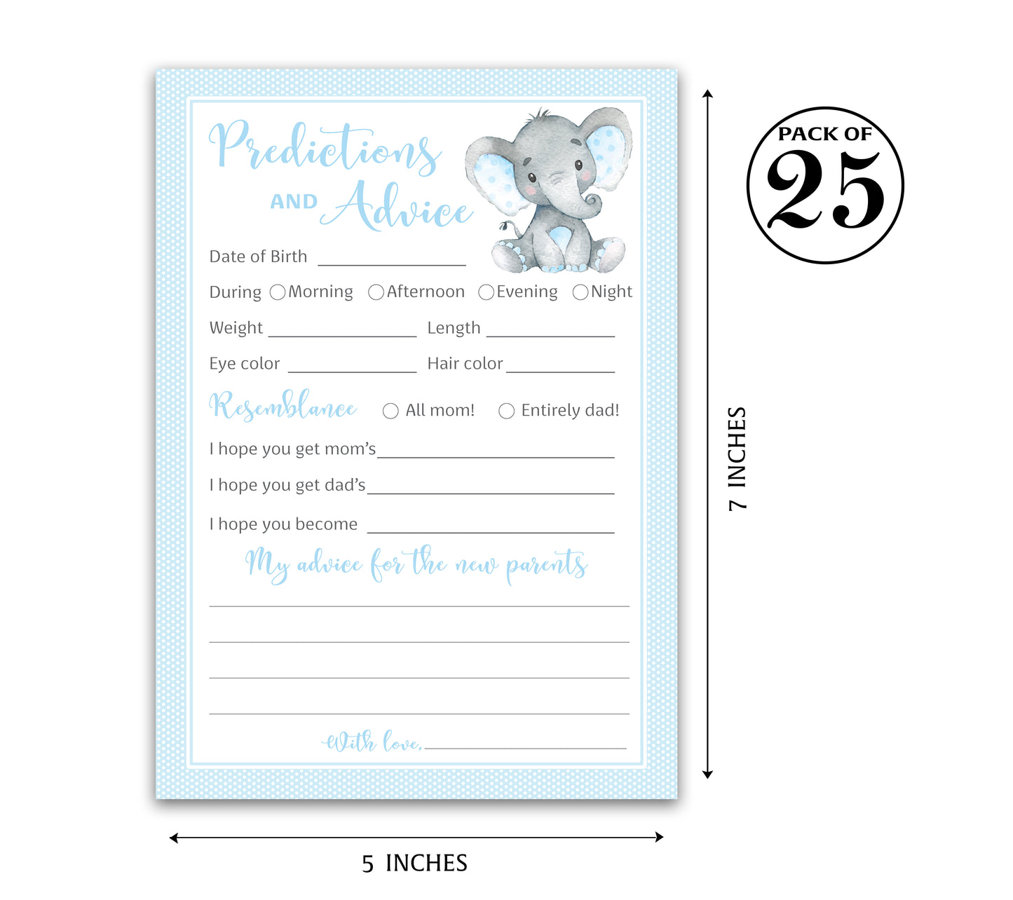 Blue Elephant Baby Shower Game - Predictions & Advice Cards • SET of 25