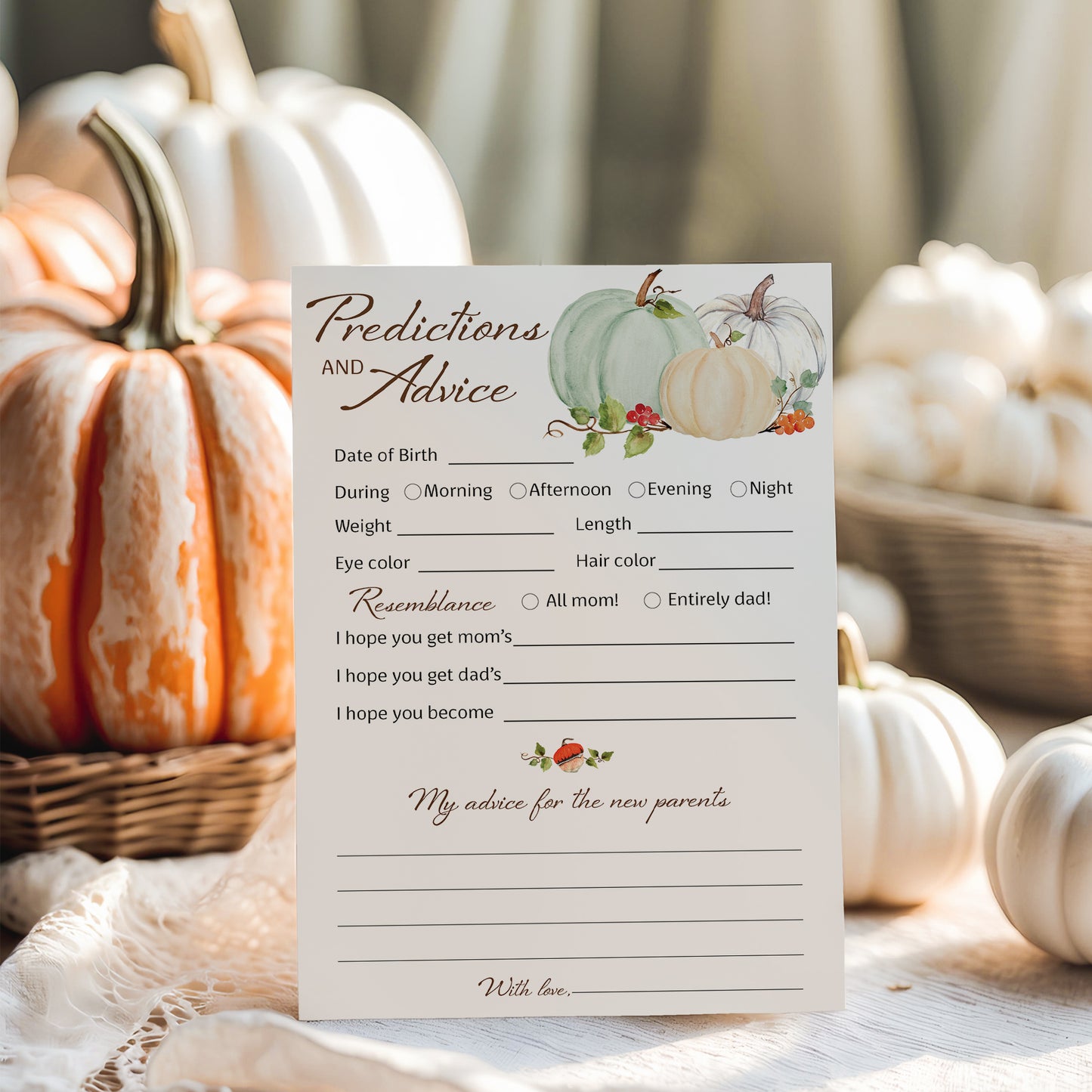 Little Pumpkin Baby Shower Prediction & Advice Cards — Pack of 25 — White Pumpkins Keepsake for New Parents