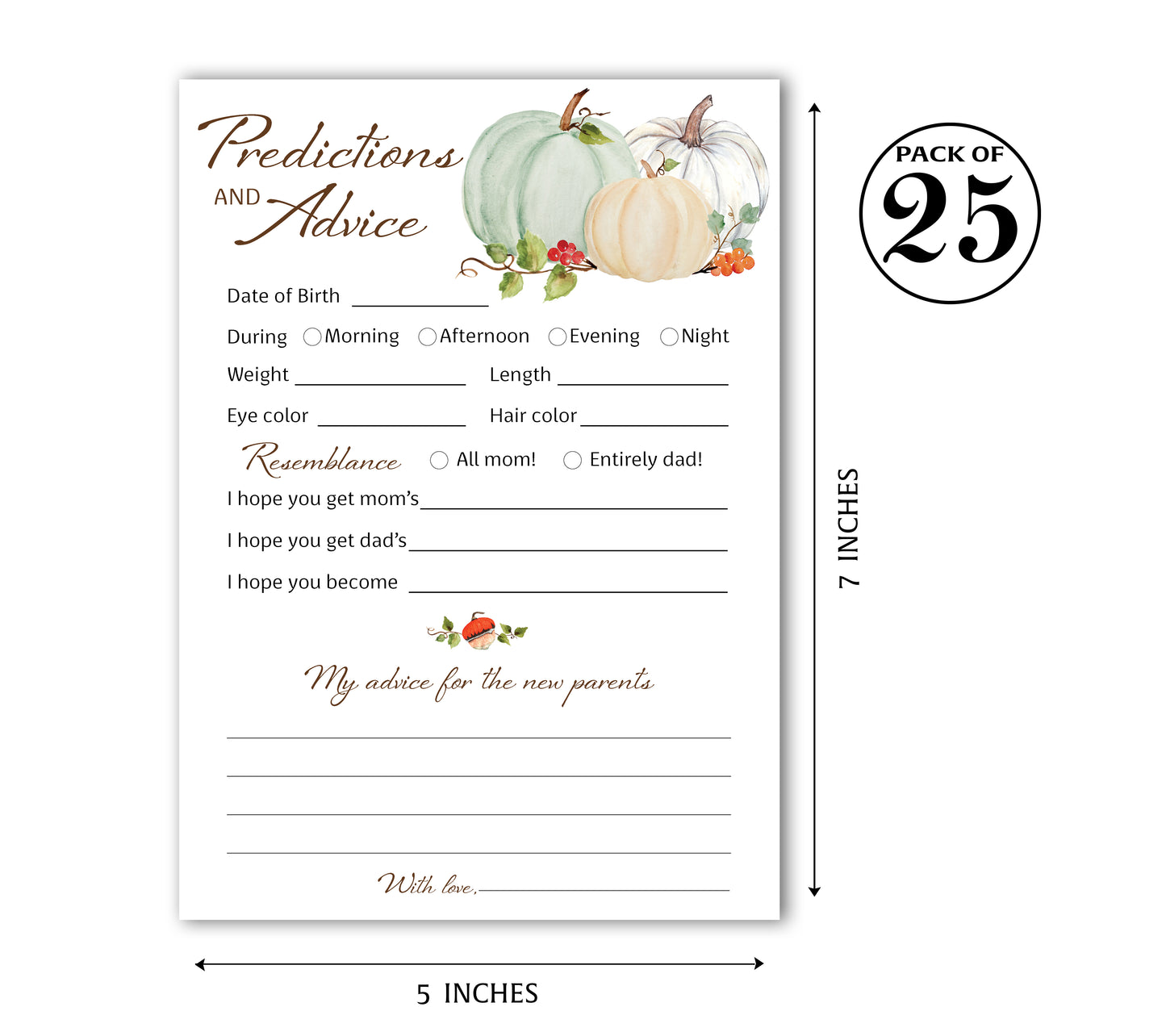 Little Pumpkin Baby Shower Prediction & Advice Cards — Pack of 25 — White Pumpkins Keepsake for New Parents