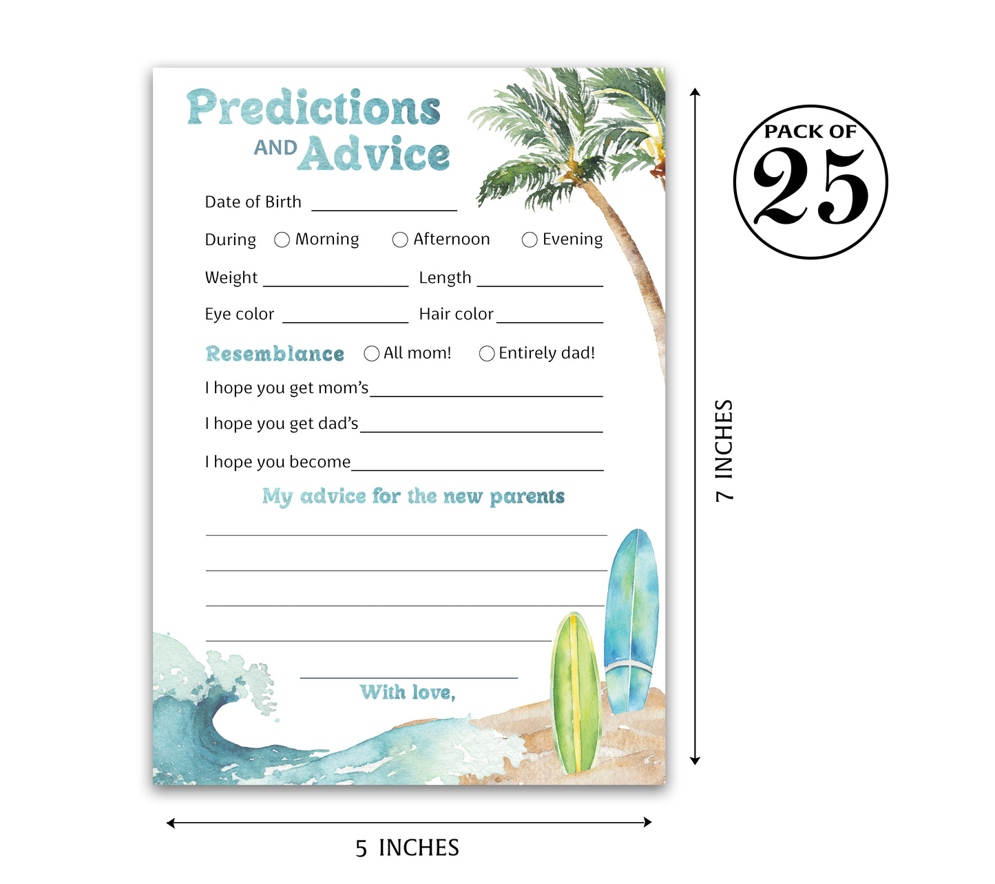 Ocean Surf Baby on Board Prediction and Advice Cards for Baby Shower - Pack of 25 - Printed