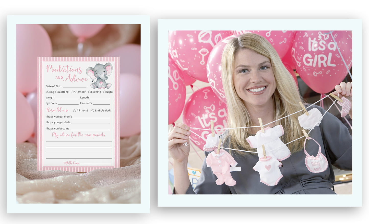 Pink Elephant Baby Shower Game - Predictions & Advice Cards • SET of 25