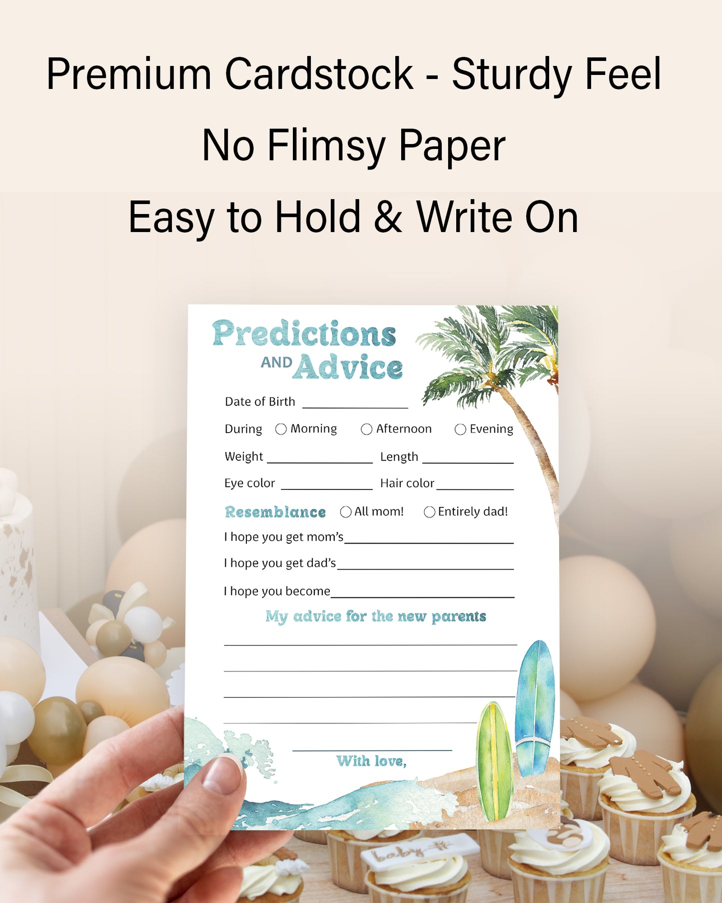Ocean Surf Baby on Board Prediction and Advice Cards for Baby Shower - Pack of 25 - Printed