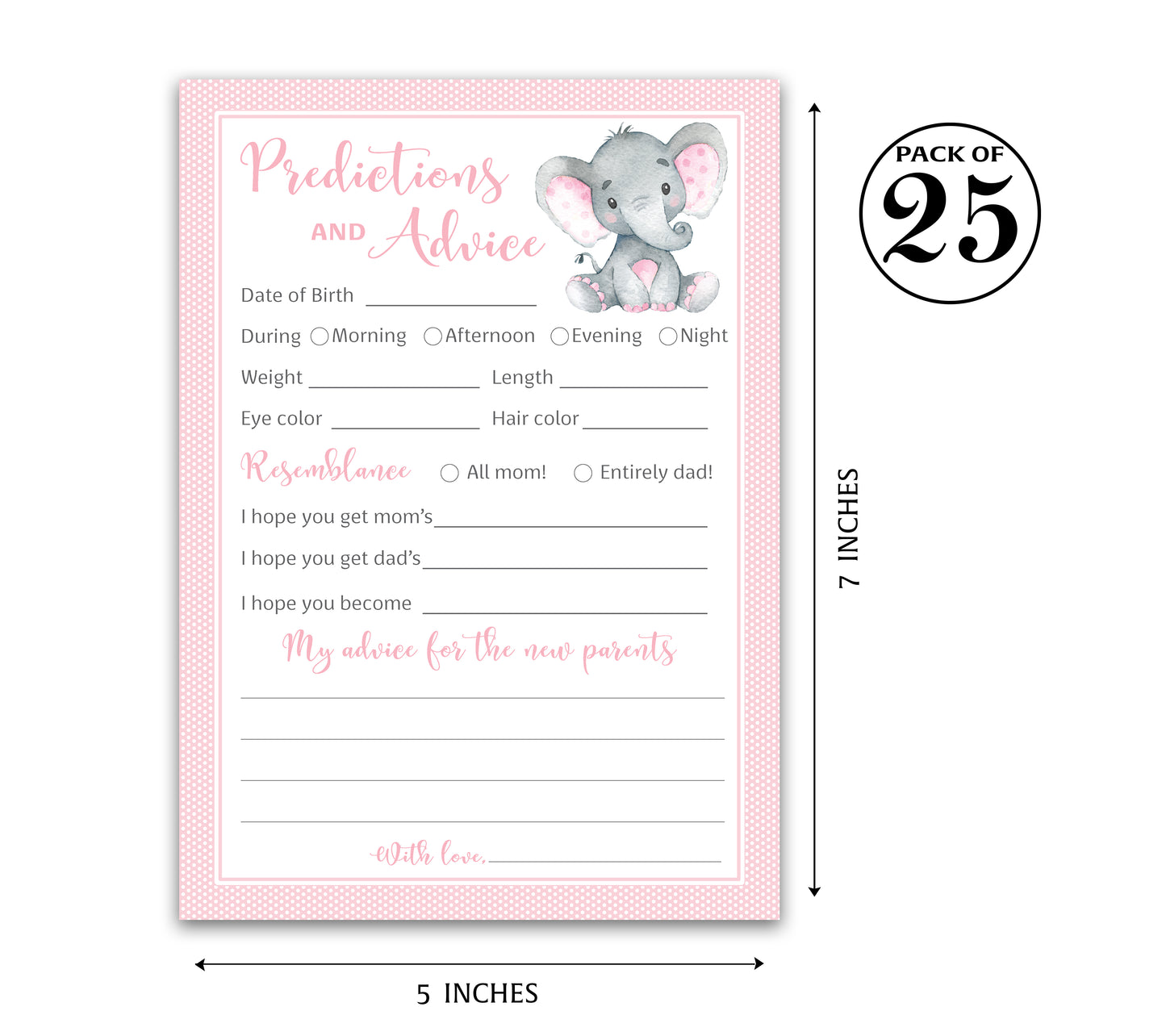 Pink Elephant Baby Shower Game - Predictions & Advice Cards • SET of 25