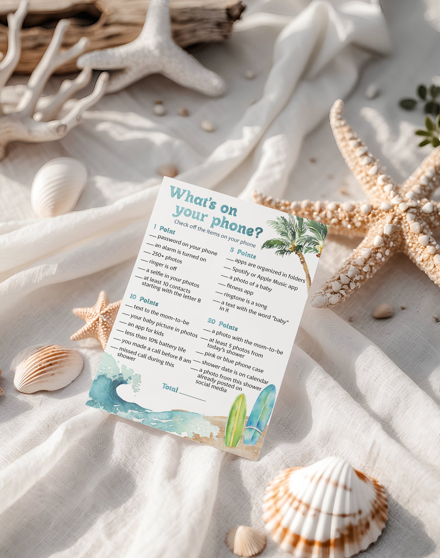 Beach Surf Baby Shower Game — WHAT'S ON YOUR PHONE - Printed