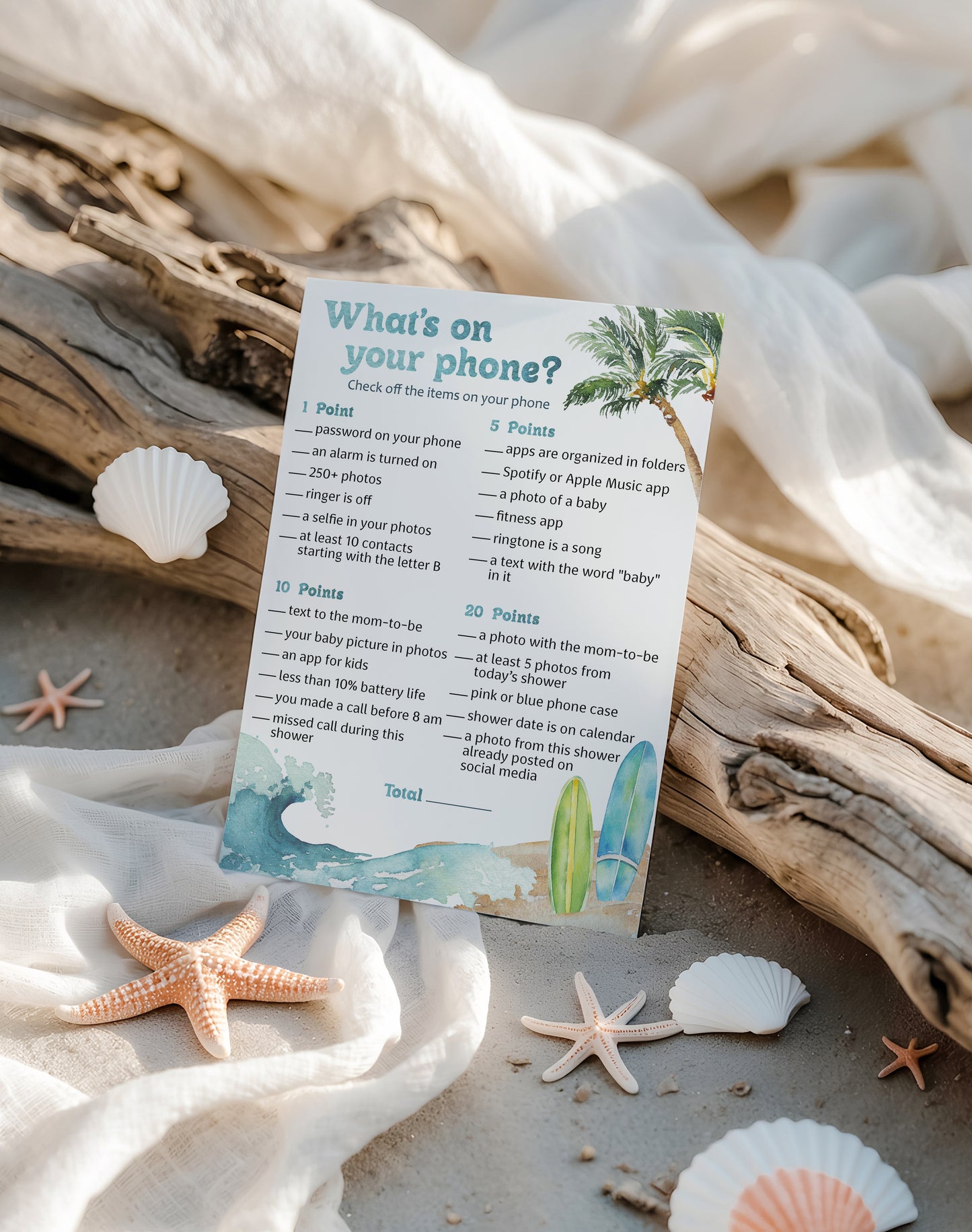 Beach Surf Baby Shower Game — WHAT'S ON YOUR PHONE - Printed