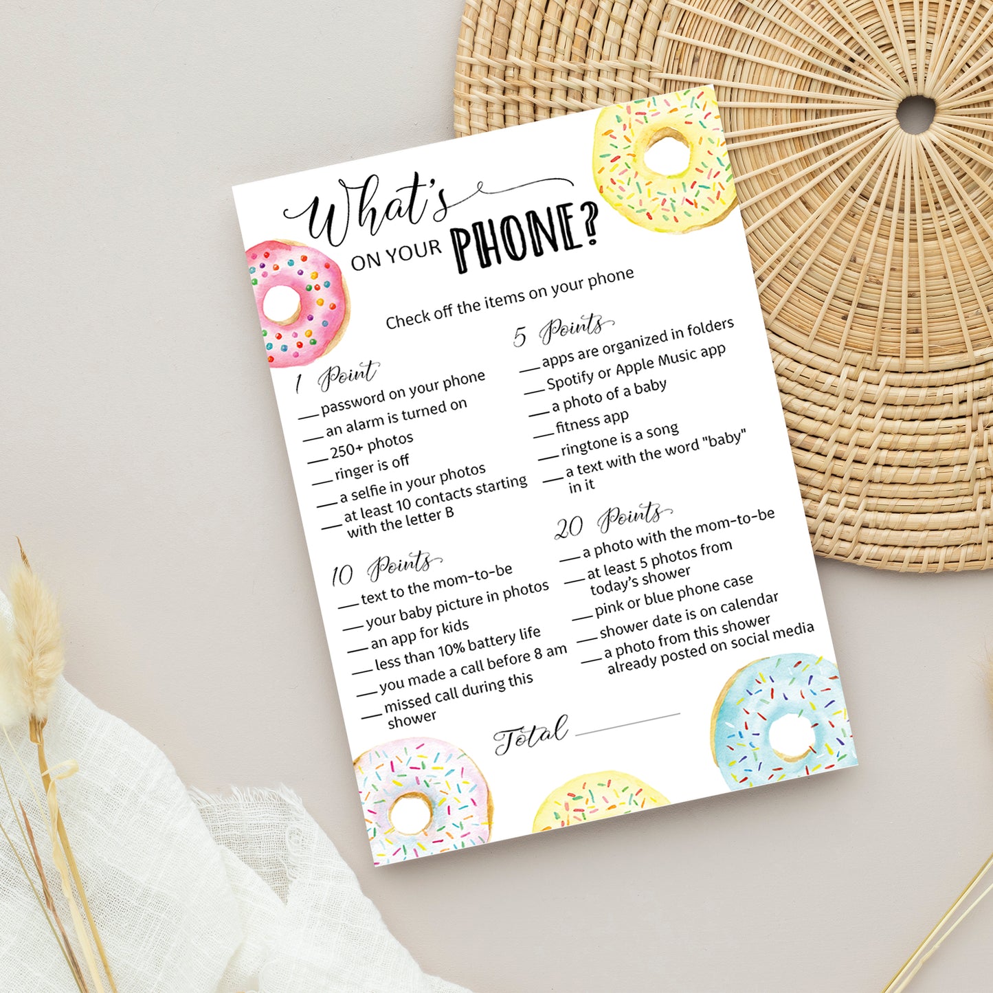 Donut Theme WHAT'S ON YOUR PHONE Baby Shower Game • Pack of 25 • Printed