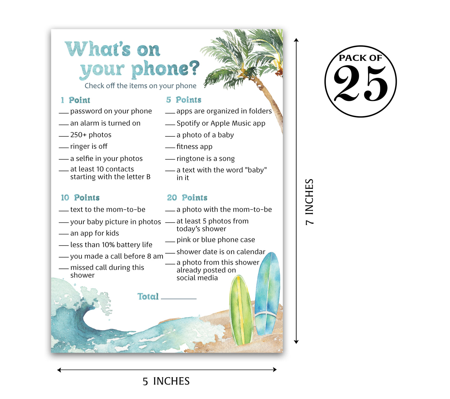 Beach Surf Baby Shower Game — WHAT'S ON YOUR PHONE - Printed