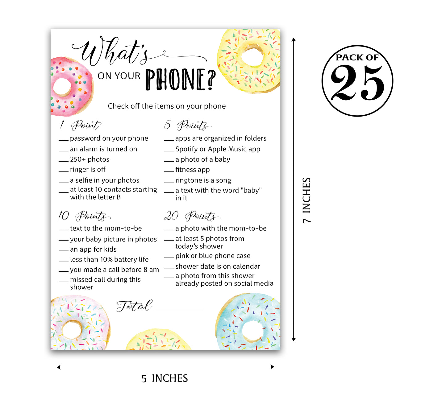 Donut Theme WHAT'S ON YOUR PHONE Baby Shower Game • Pack of 25 • Printed