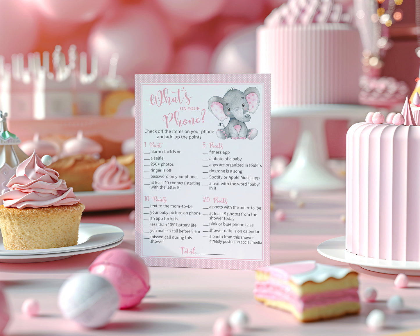 Pink Elephant Baby Shower Game - What's On Your Phone • SET of 25