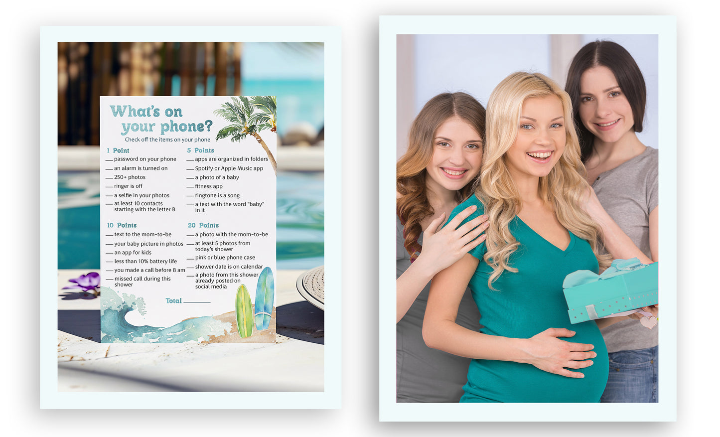 Beach Surf Baby Shower Game — WHAT'S ON YOUR PHONE - Printed