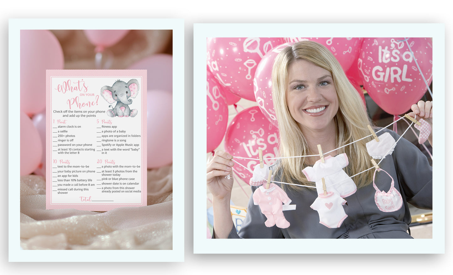 Pink Elephant Baby Shower Game - What's On Your Phone • SET of 25