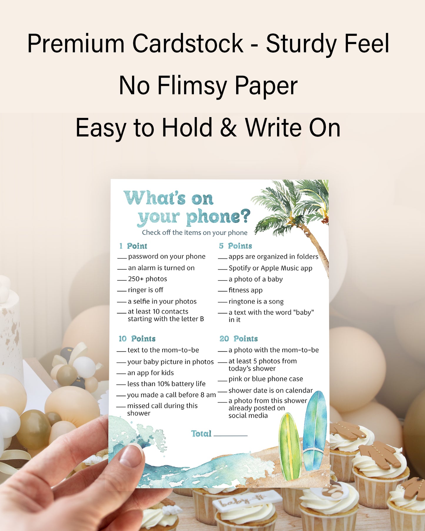 Beach Surf Baby Shower Game — WHAT'S ON YOUR PHONE - Printed