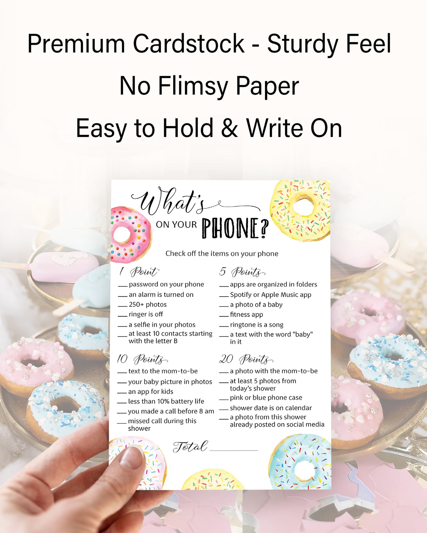 Donut Theme WHAT'S ON YOUR PHONE Baby Shower Game • Pack of 25 • Printed