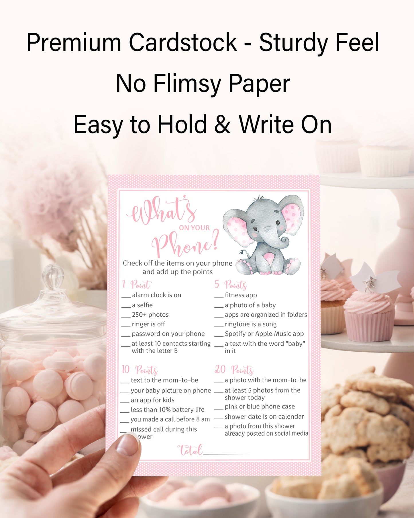 Pink Elephant Baby Shower Game - What's On Your Phone • SET of 25