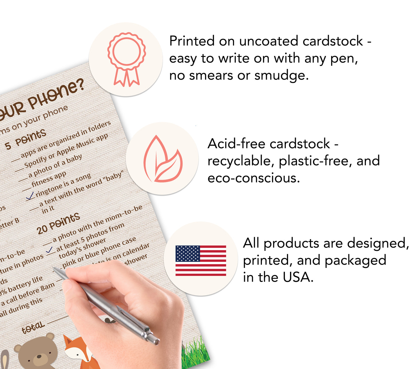 Woodland Animals Baby Shower Game - What's On Your Phone • SET of 25