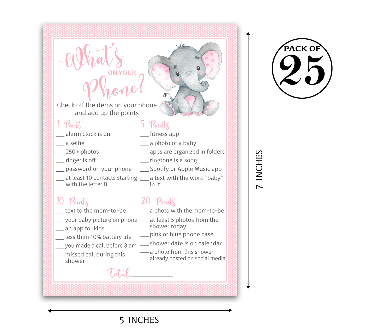 Pink Elephant Baby Shower Game - What's On Your Phone • SET of 25
