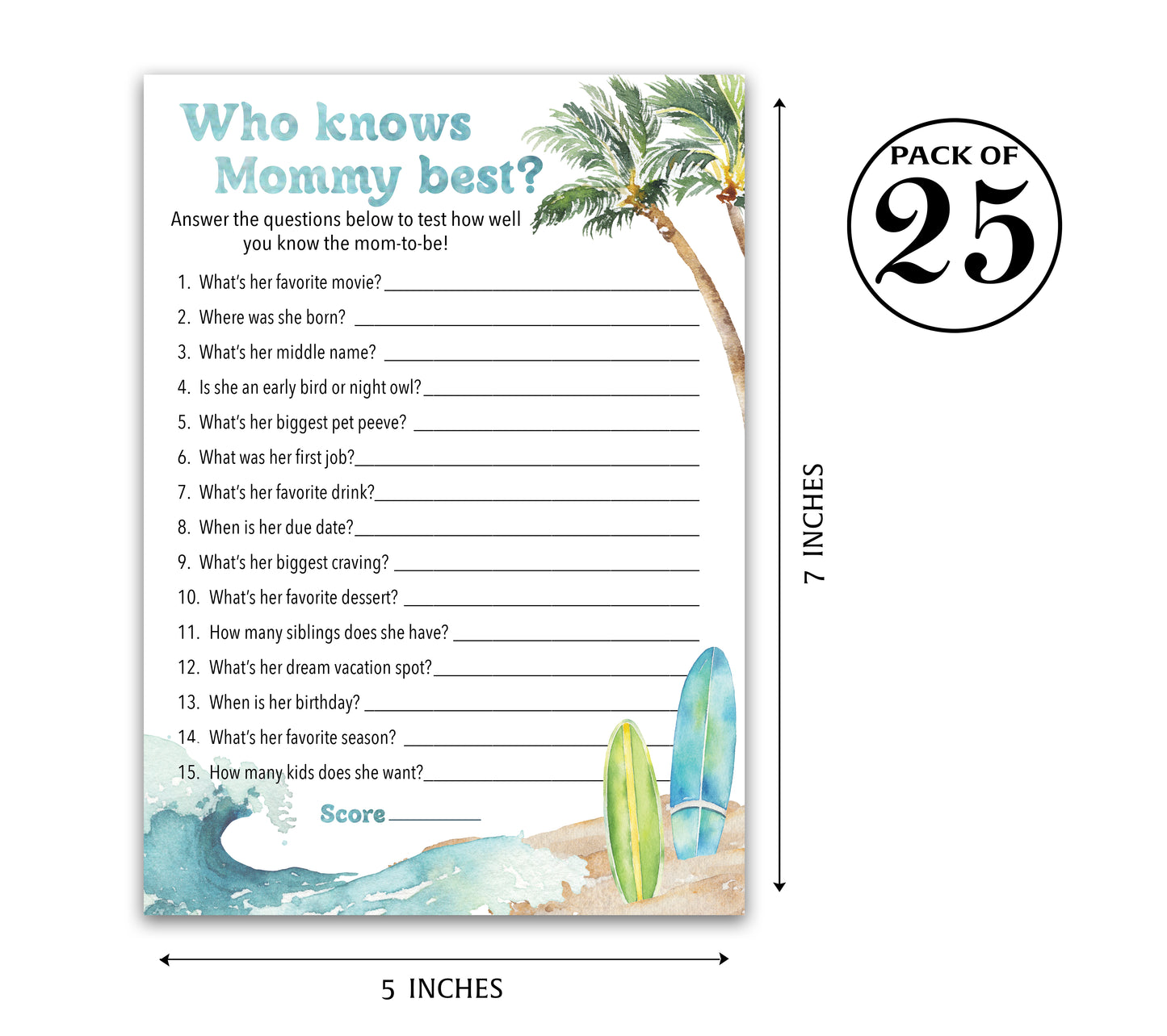 Ocean Surf Theme Baby Shower Games, WHO KNOWS MOMMY BEST — Pack of 25 — Printed