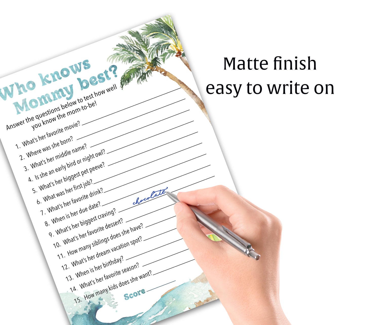 Ocean Surf Theme Baby Shower Games, WHO KNOWS MOMMY BEST — Pack of 25 — Printed