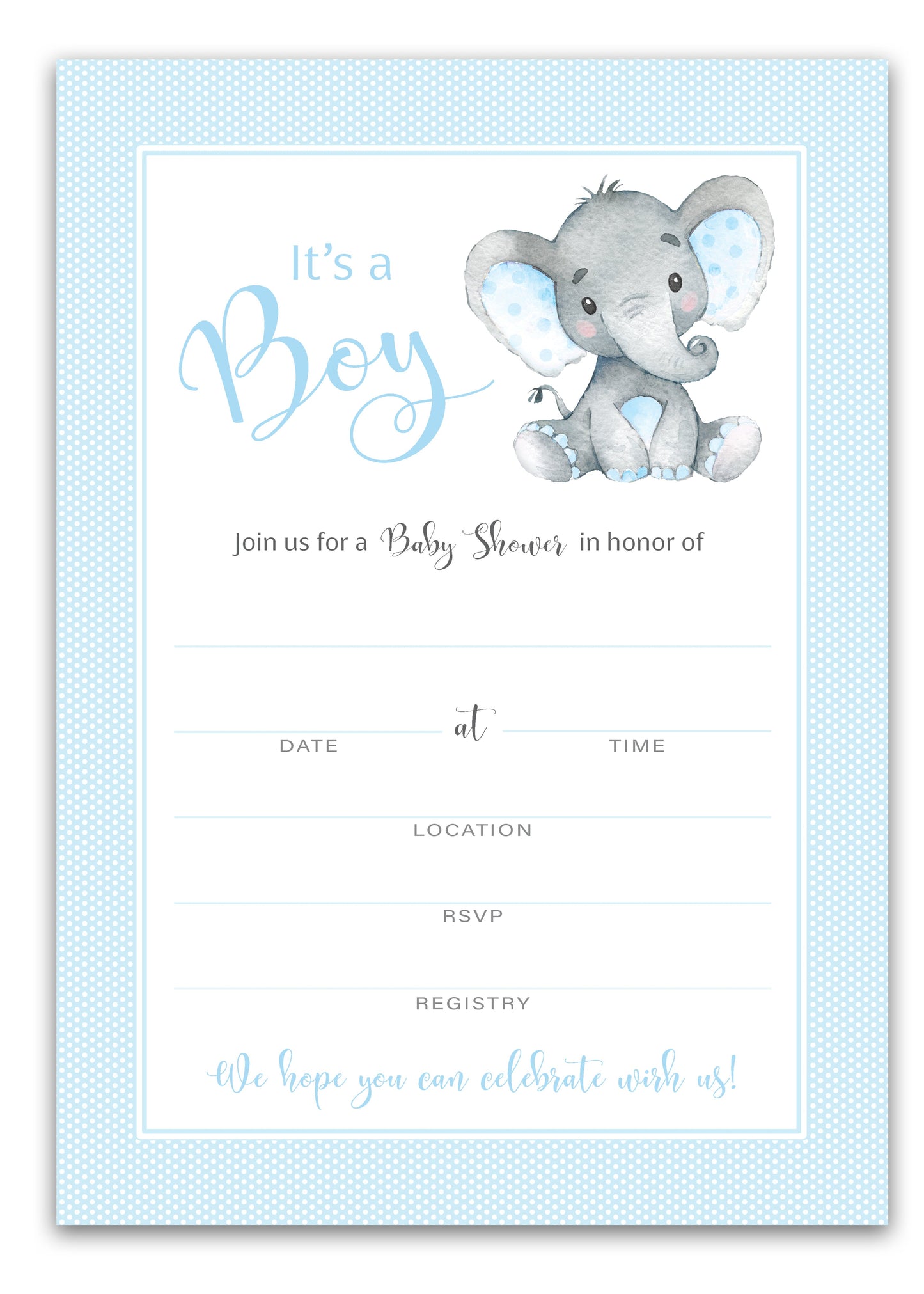 It's a Boy! • Blue Elephant Baby Shower Invitations • SET of 25