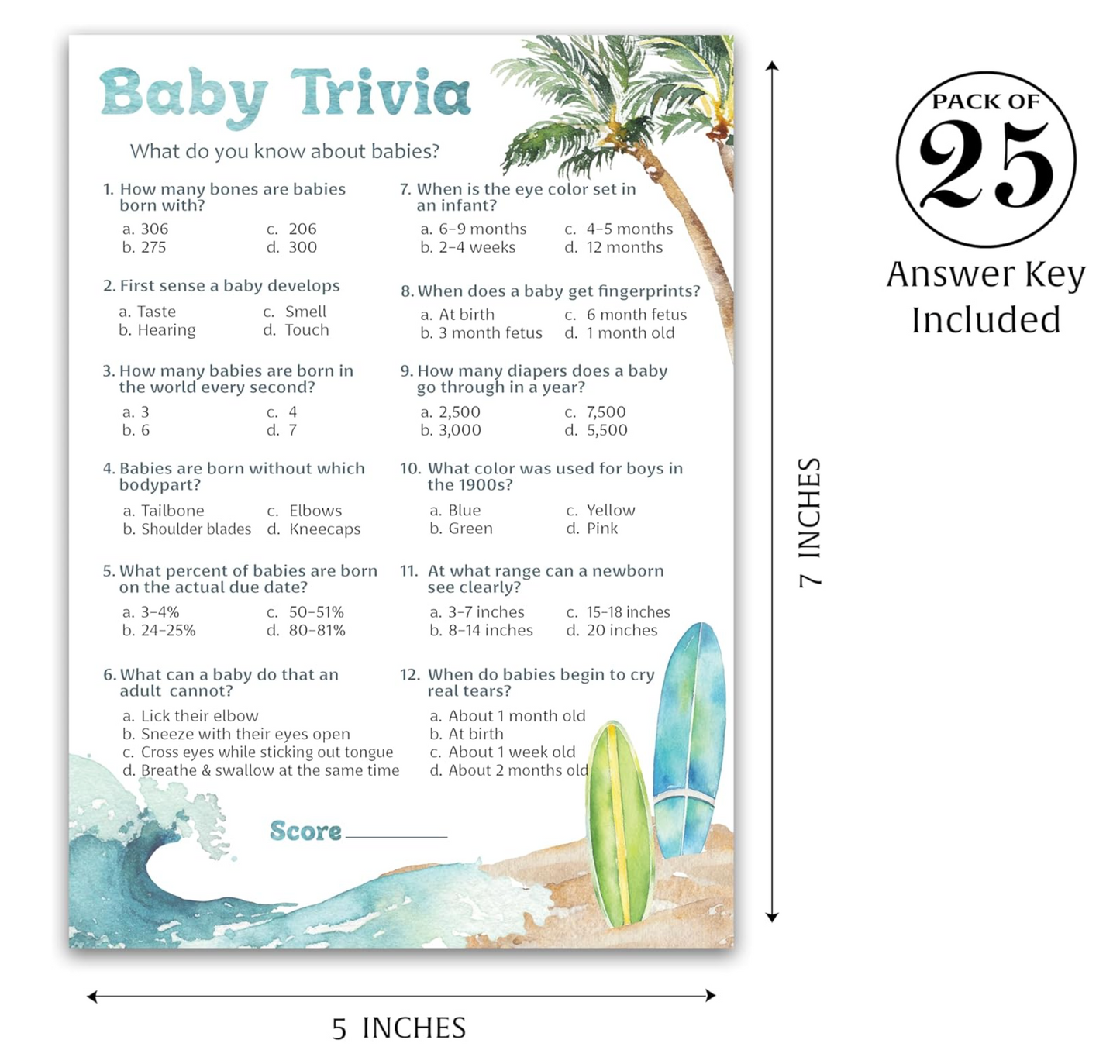 Ocean Surf Baby Shower Game • Baby Trivia • Pack of 25 - Printed