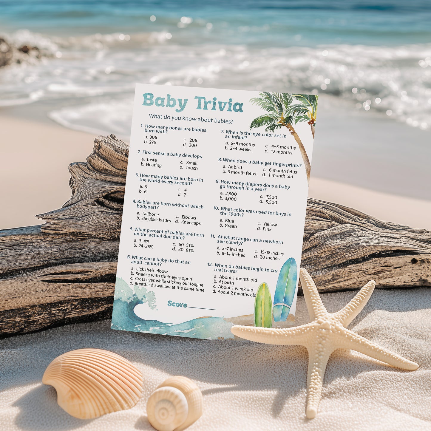 Ocean Surf Baby Shower Game • Baby Trivia • Pack of 25 - Printed