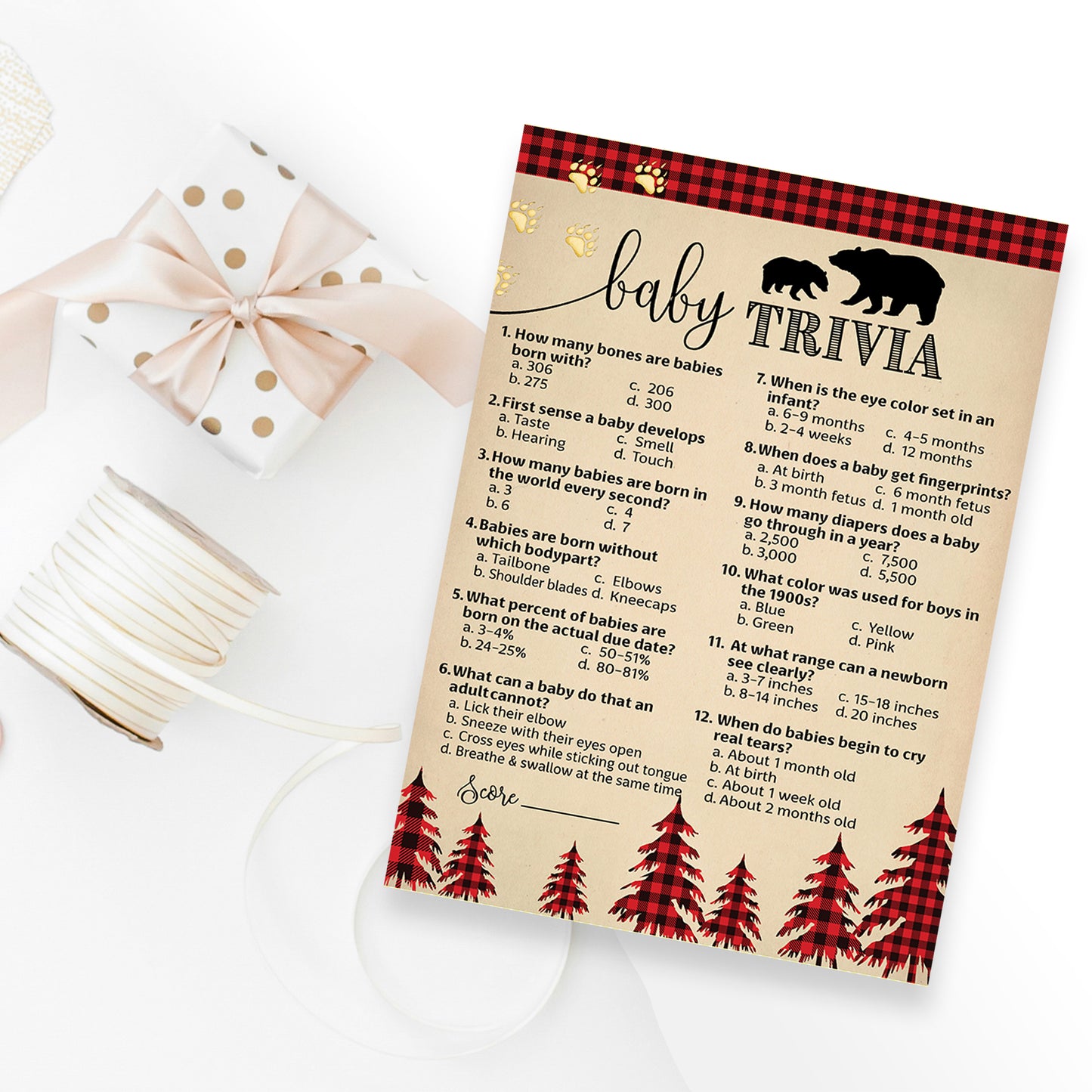 Lumberjack Baby Trivia • 25 Cards • Rustic Buffalo Plaid Baby Shower Game