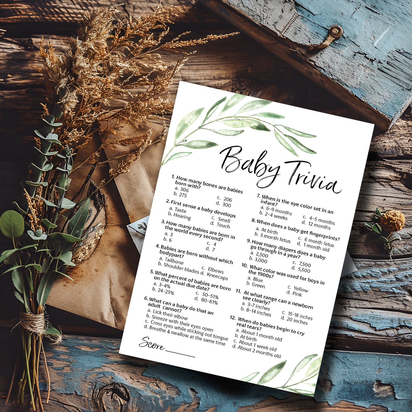 Greenery Baby Shower Game - Baby Trivia • SET of 25