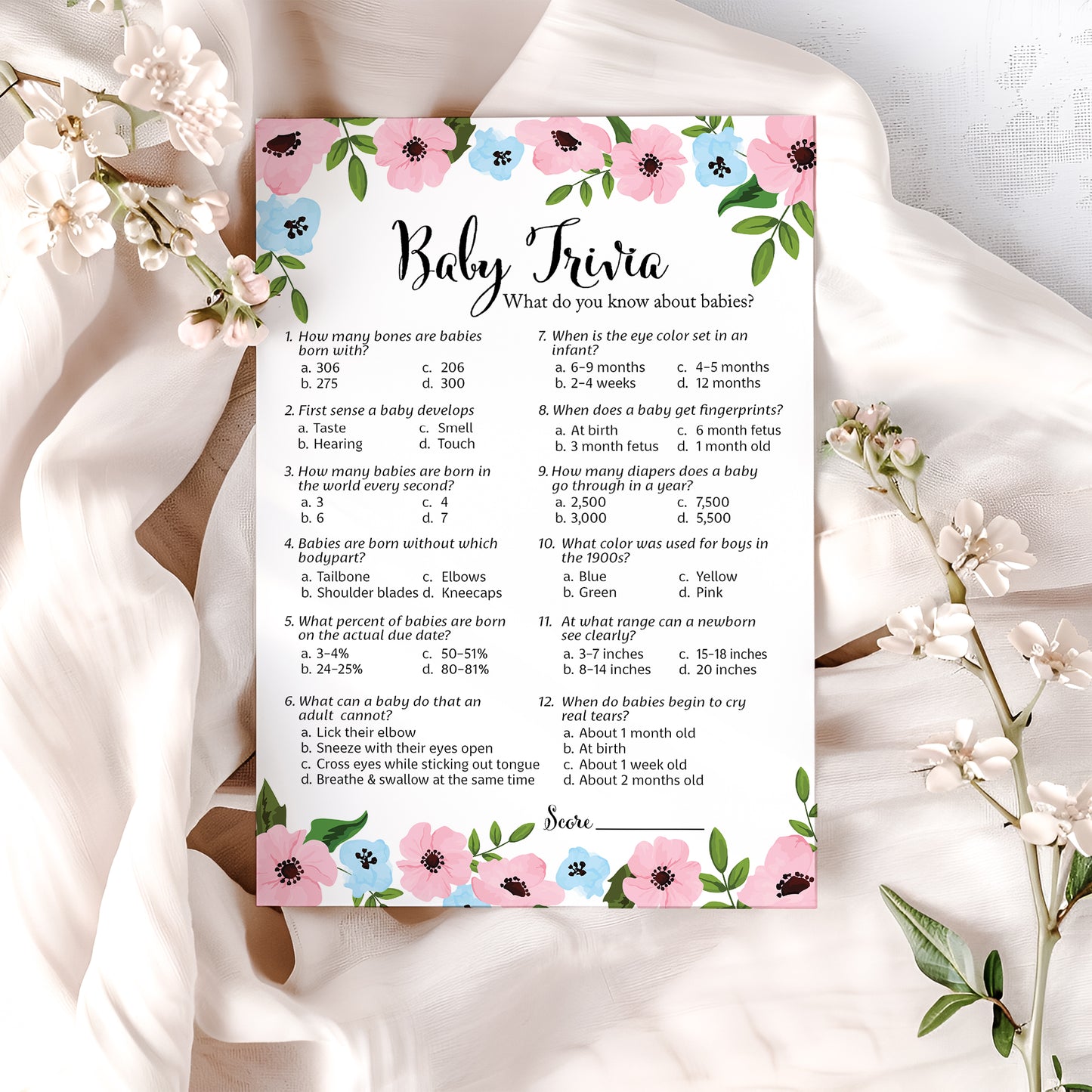 Blue or Pink Gender Reveal • Baby Trivia • SET of 25 • Floral Baby Shower Game