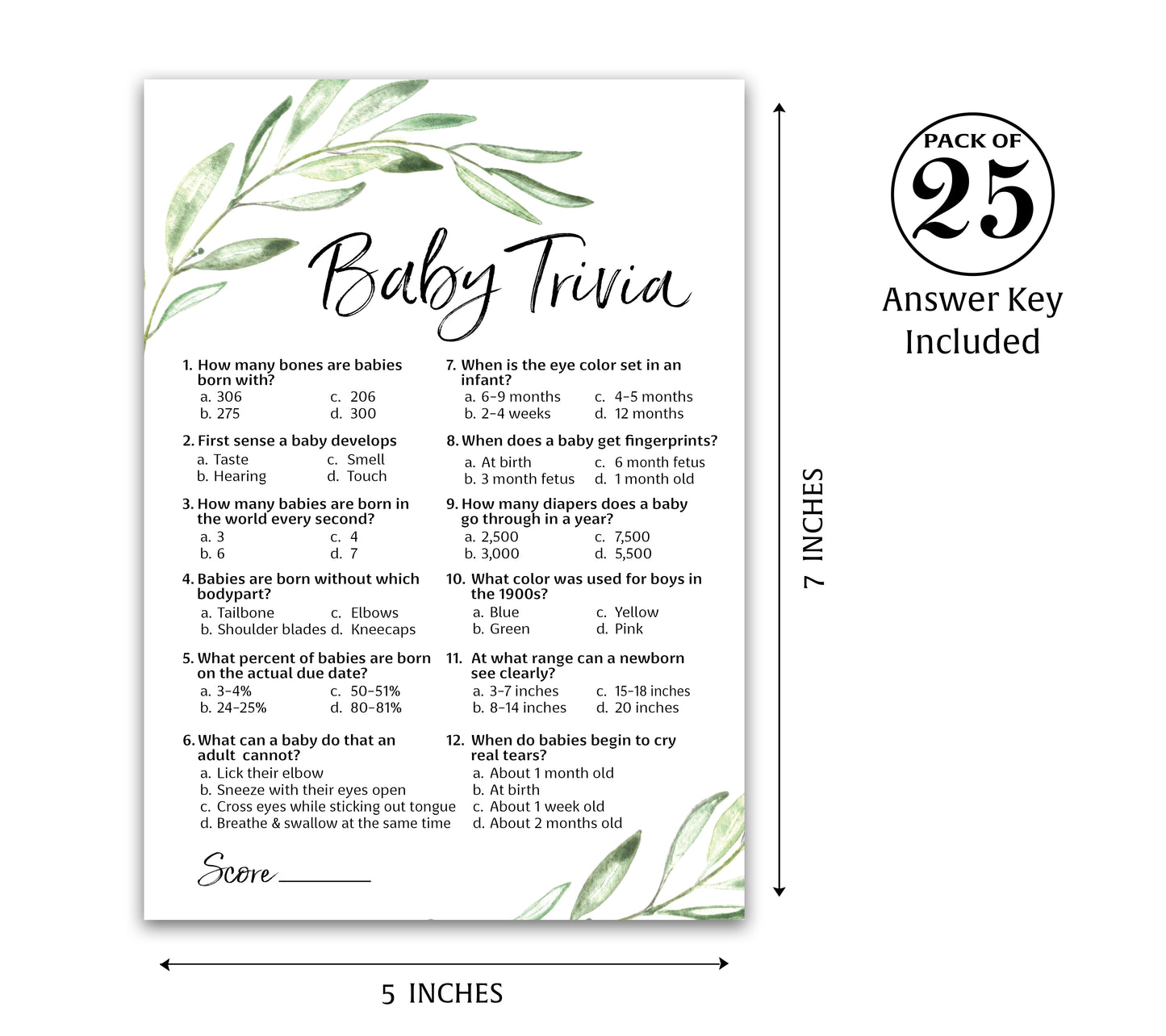 Greenery Baby Shower Game - Baby Trivia • SET of 25