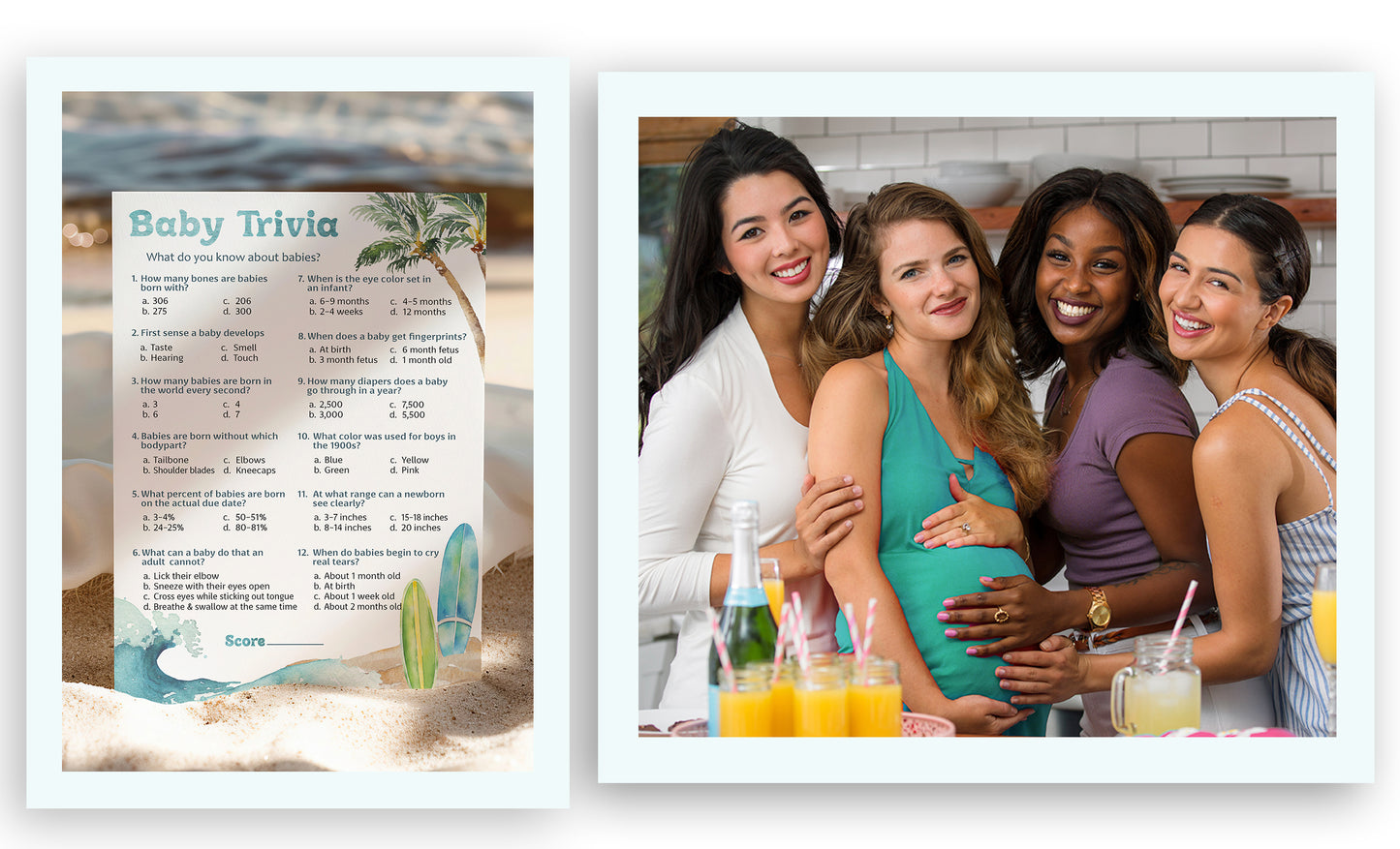 Ocean Surf Baby Shower Game • Baby Trivia • Pack of 25 - Printed