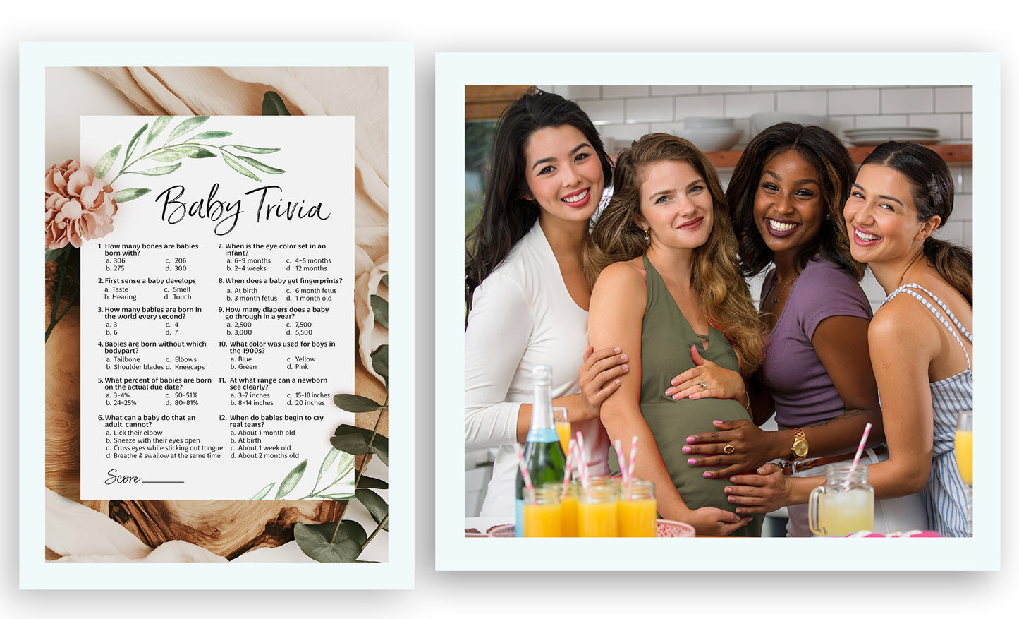 Greenery Baby Shower Game - Baby Trivia • SET of 25
