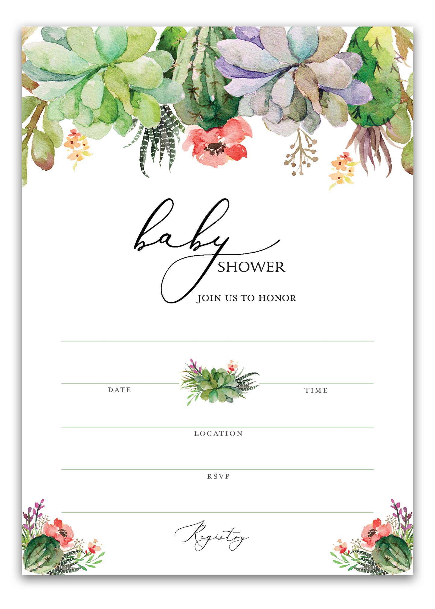 Floral Green Succulents Baby Shower Invitations • SET of 25