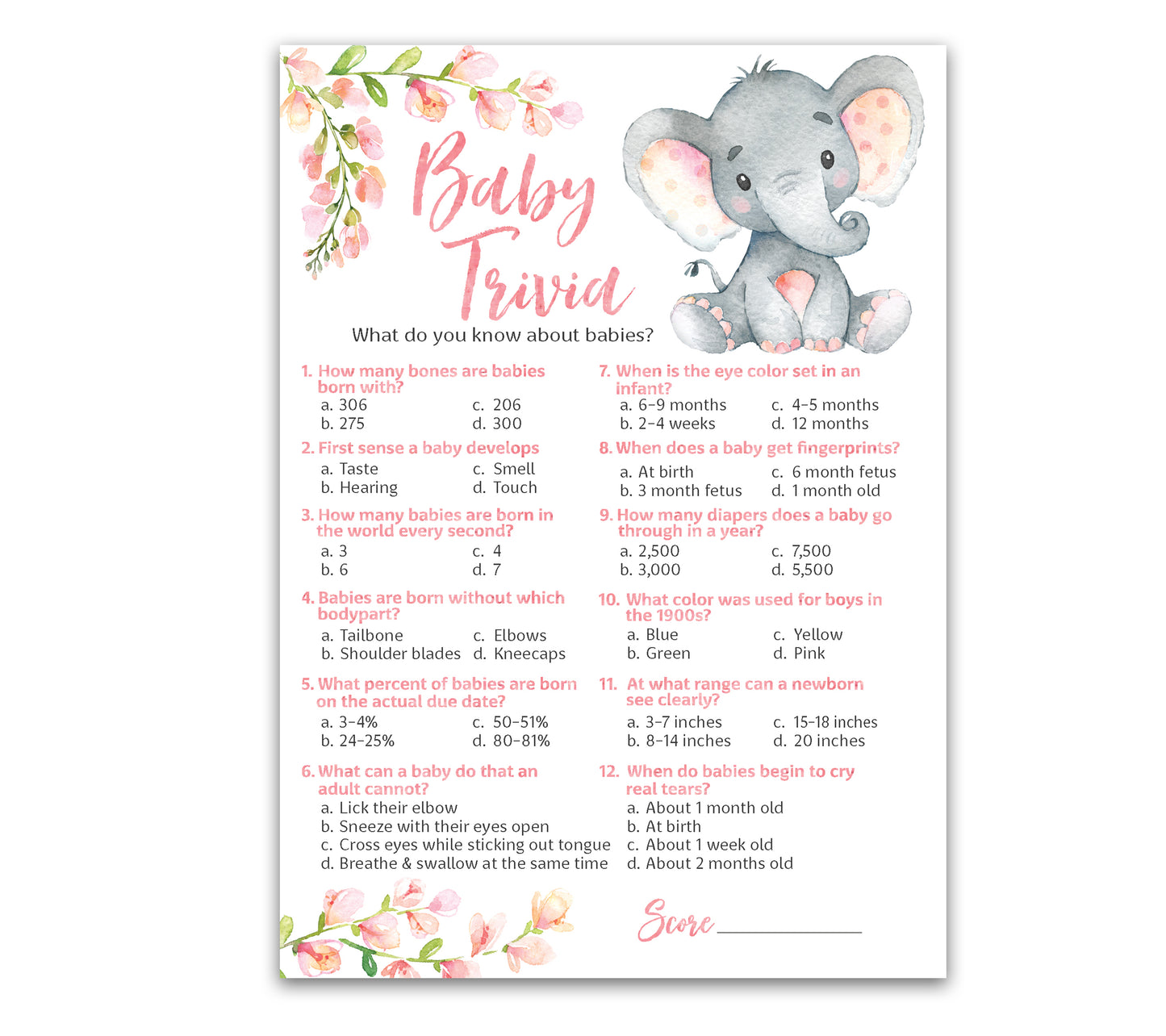 Pink Elephant Floral Girl Baby Shower Game - Baby Trivia • SET of 25