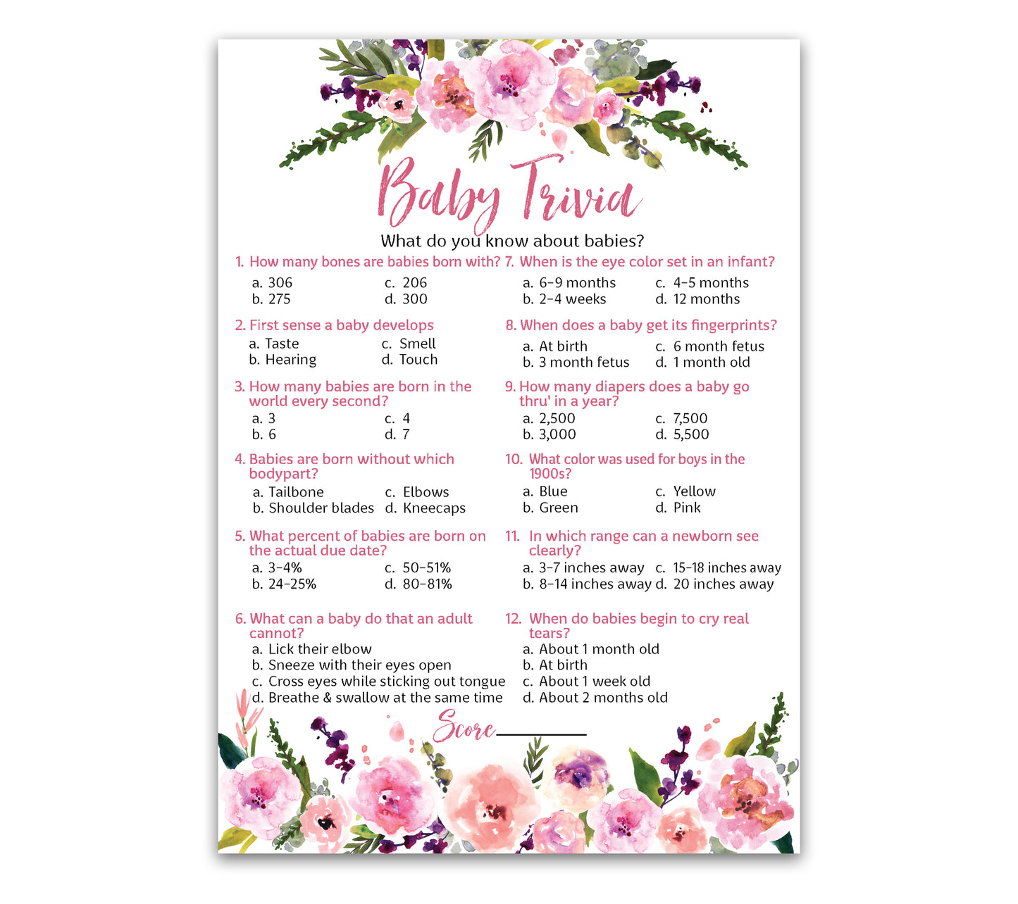 Floral Girl Baby Shower Game - Baby Trivia • SET of 25