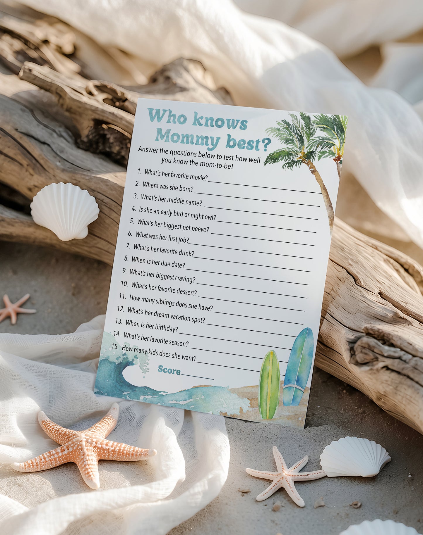 Ocean Surf Theme Baby Shower Games, WHO KNOWS MOMMY BEST — Pack of 25 — Printed