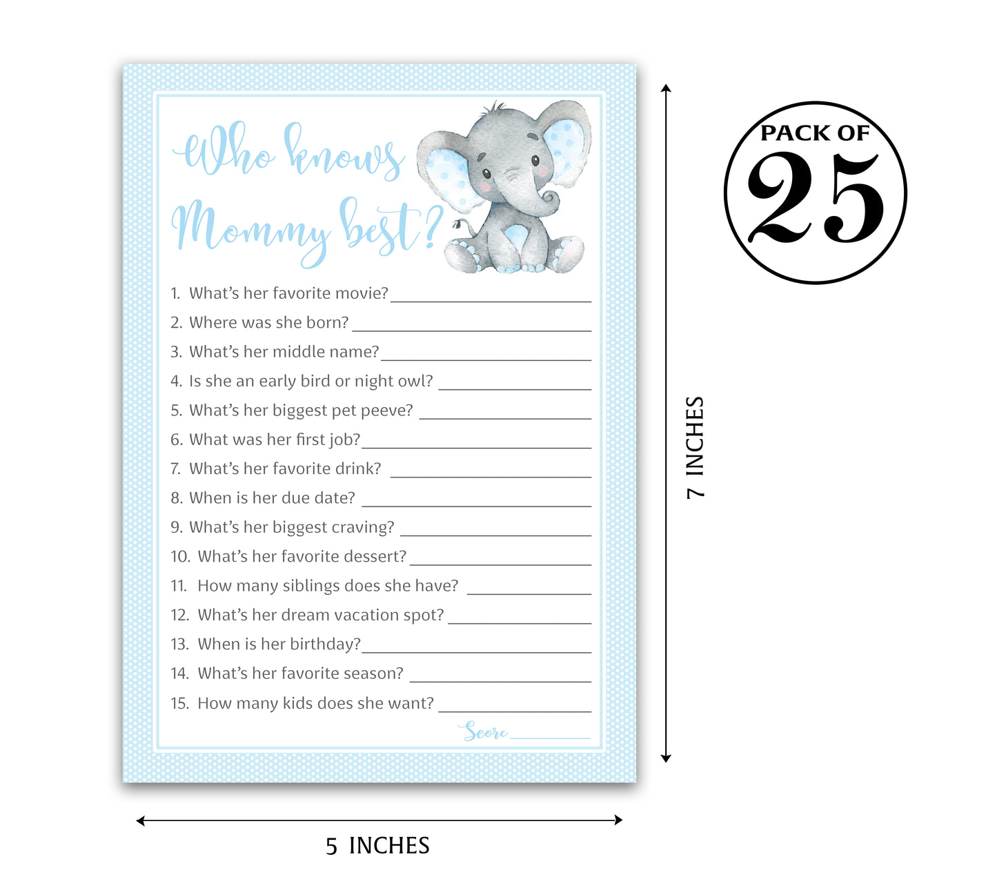 Blue Elephant Baby Shower Game - Who Knows Mommy Best • SET of 25