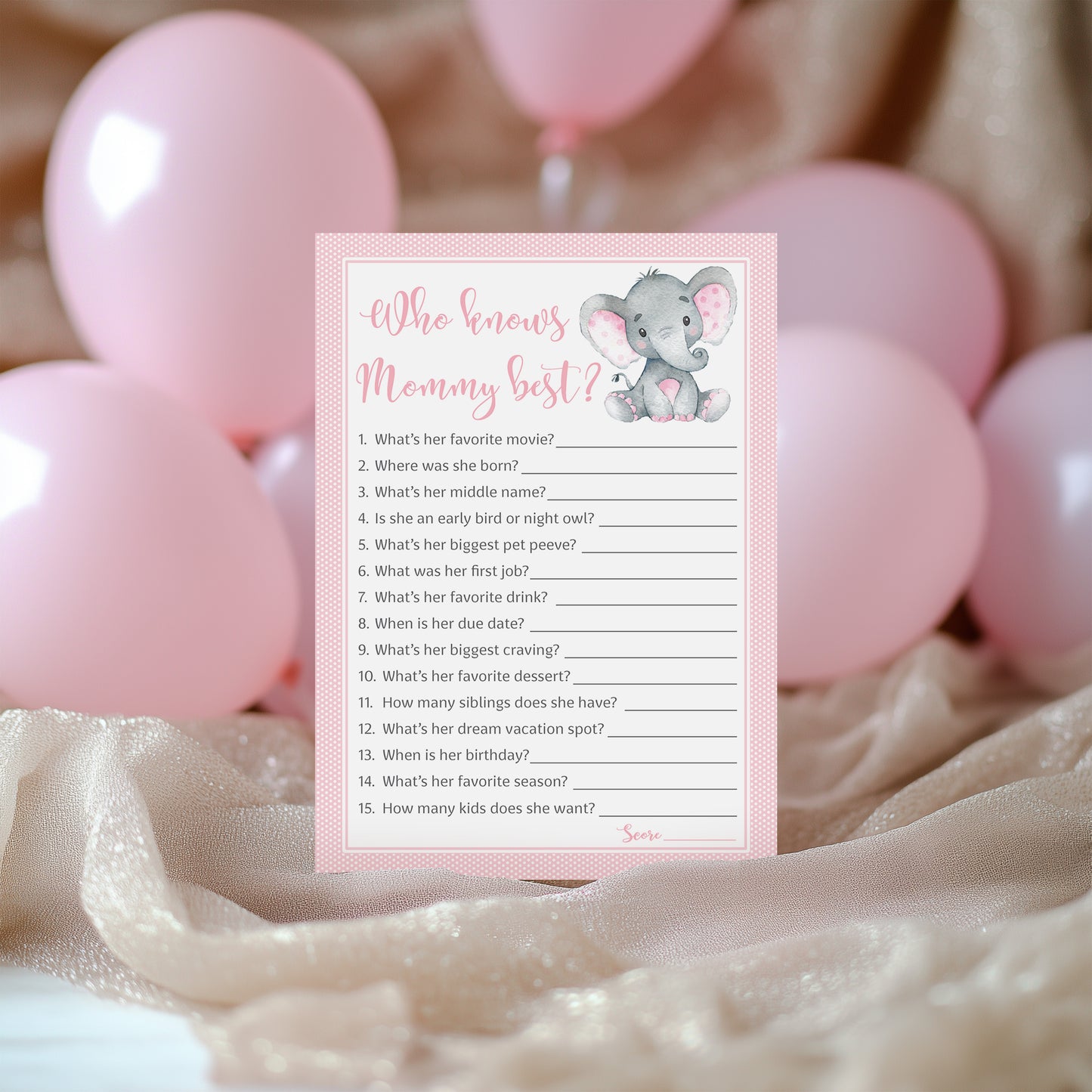 Pink Elephant Baby Shower Game - Who Knows Mommy Best • SET of 25
