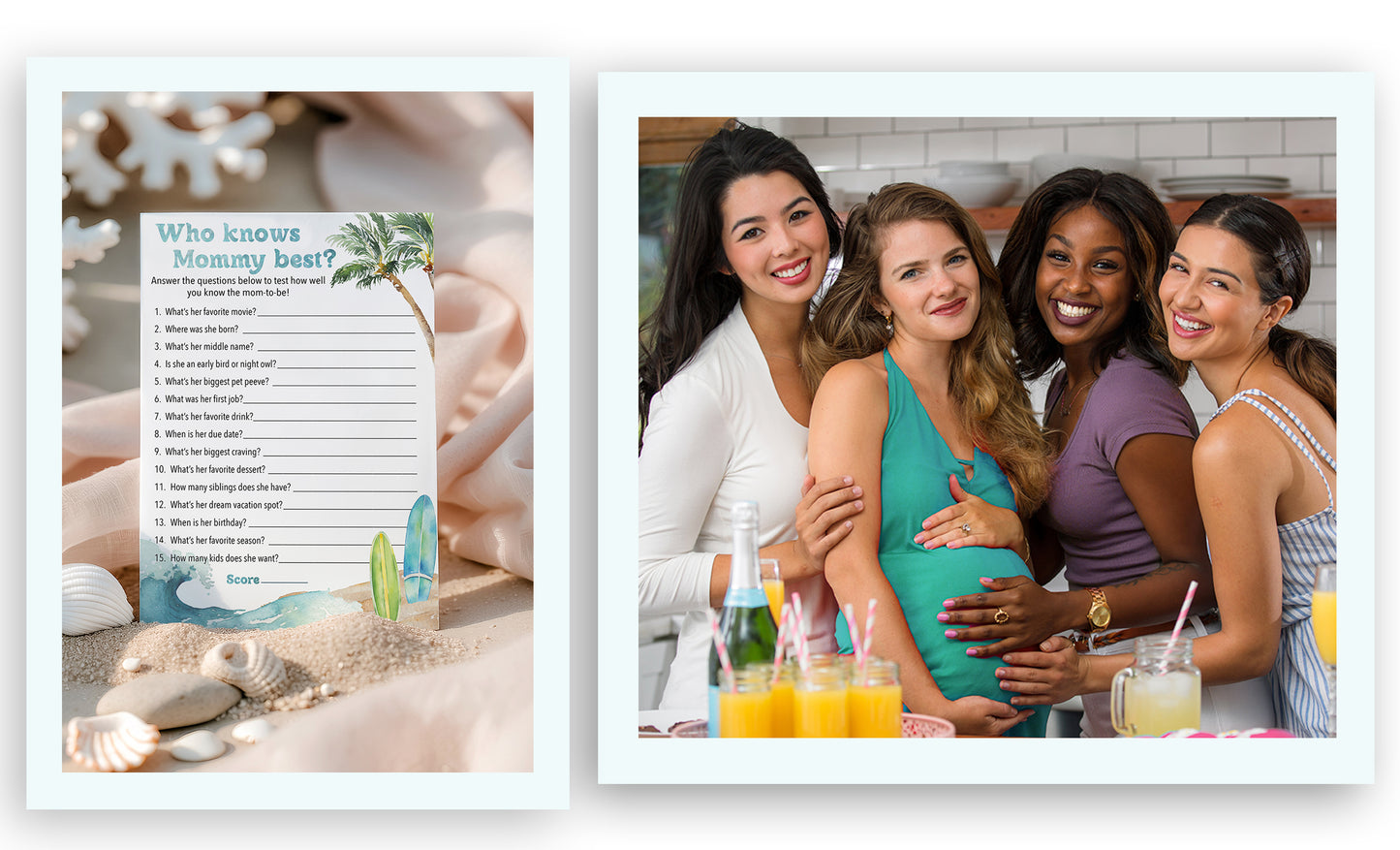 Ocean Surf Theme Baby Shower Games, WHO KNOWS MOMMY BEST — Pack of 25 — Printed