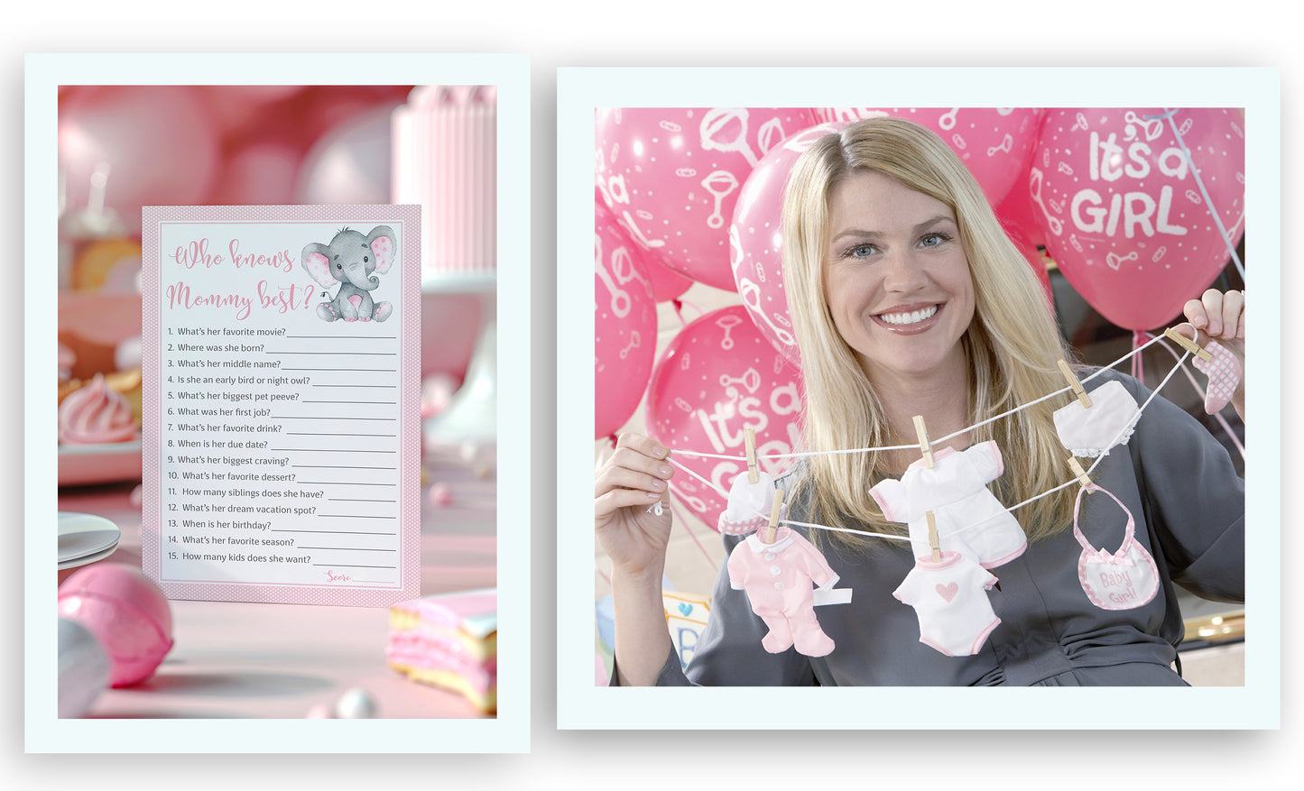Pink Elephant Baby Shower Game - Who Knows Mommy Best • SET of 25
