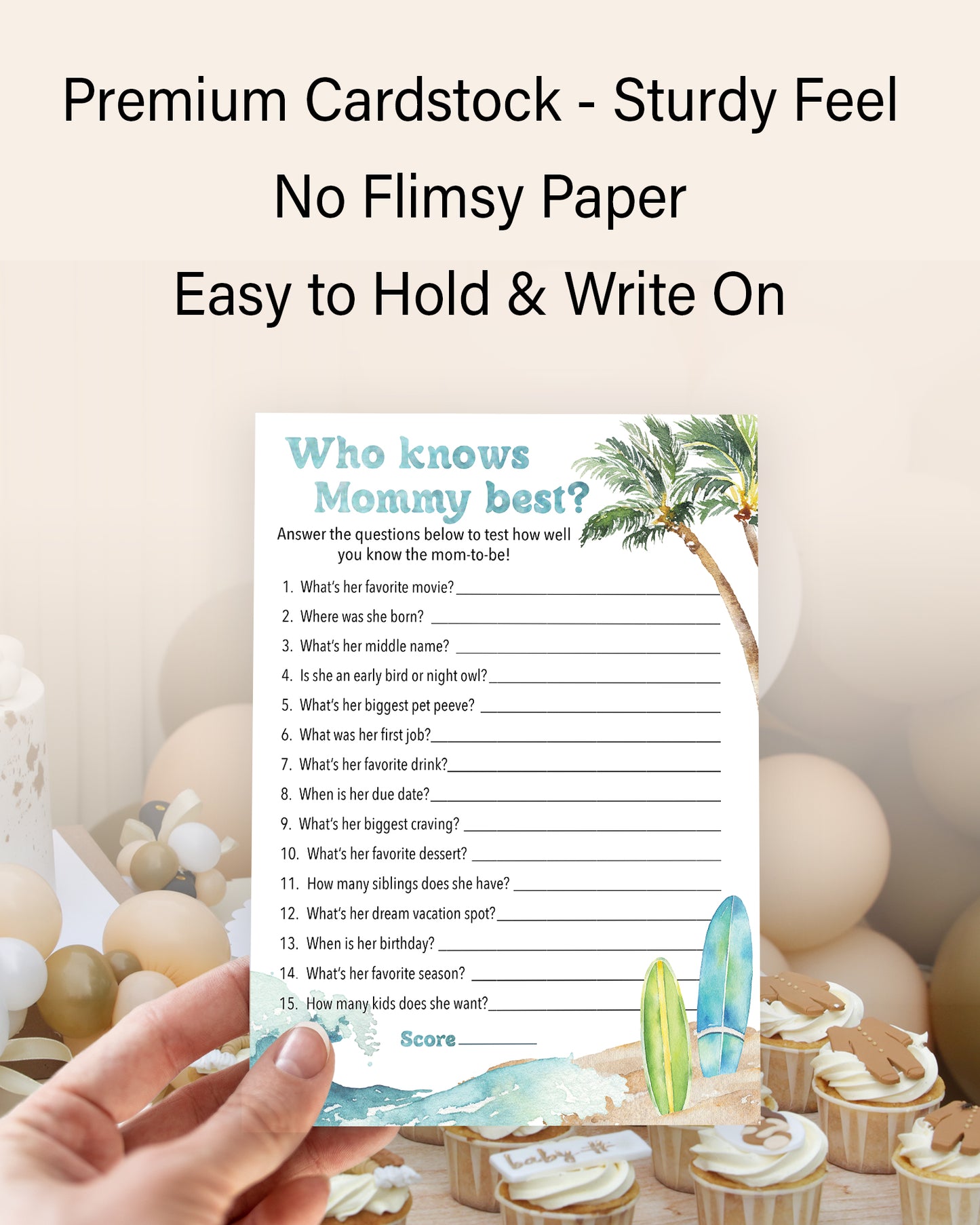 Ocean Surf Theme Baby Shower Games, WHO KNOWS MOMMY BEST — Pack of 25 — Printed