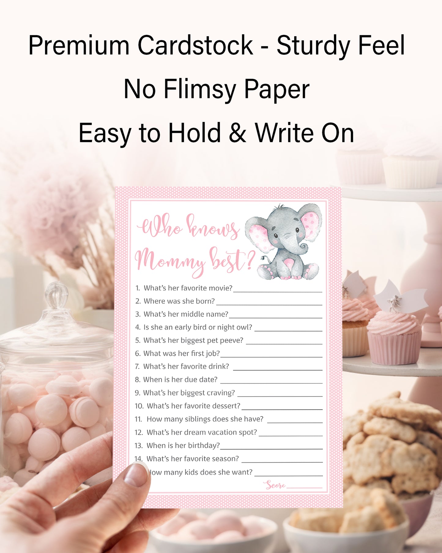 Pink Elephant Baby Shower Game - Who Knows Mommy Best • SET of 25