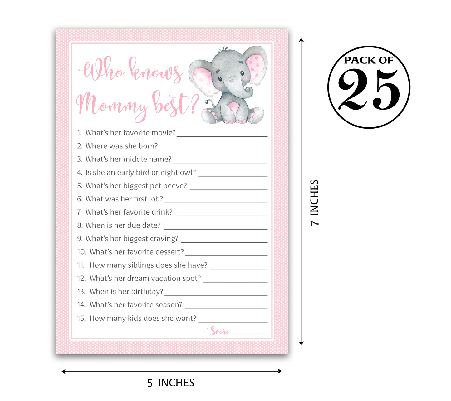 Pink Elephant Baby Shower Game - Who Knows Mommy Best • SET of 25